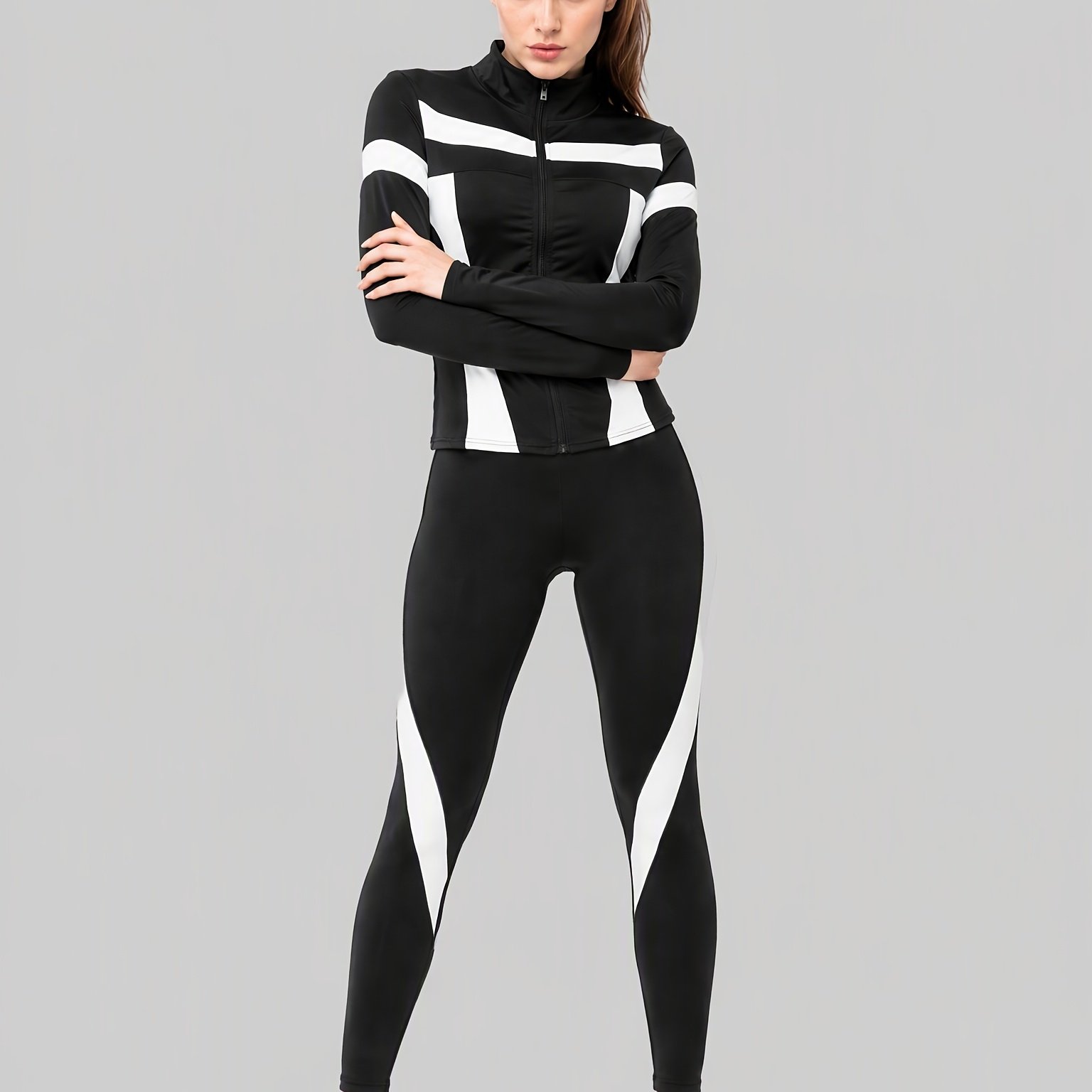 TEMU Women' Jacket And Leggings Set - Lightweight Zip- Jacket With Color , Suitable For Gym, Running, Yoga - Sportswear, Fashionable Breathable