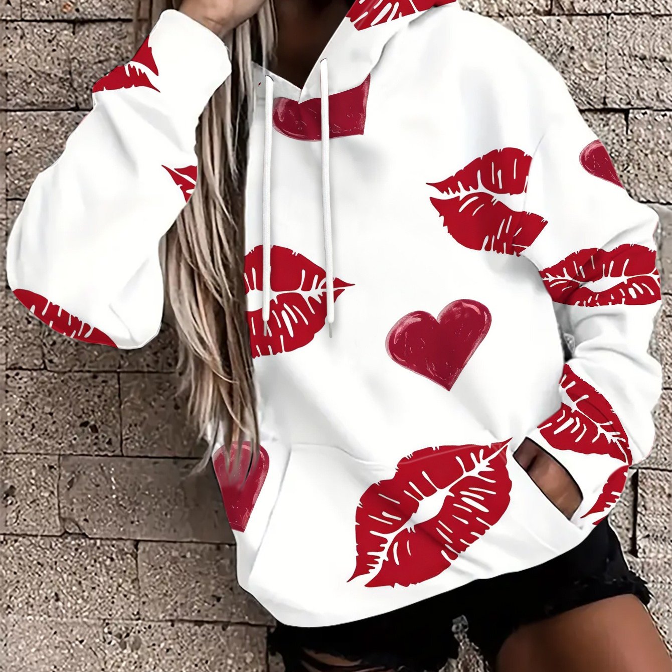 TEMU Women's Printed Creative Versatile Sweatshirt Features Repeating Red Lip Prints And Hearts On A White Background. Seasonal Fashion, Versatile
