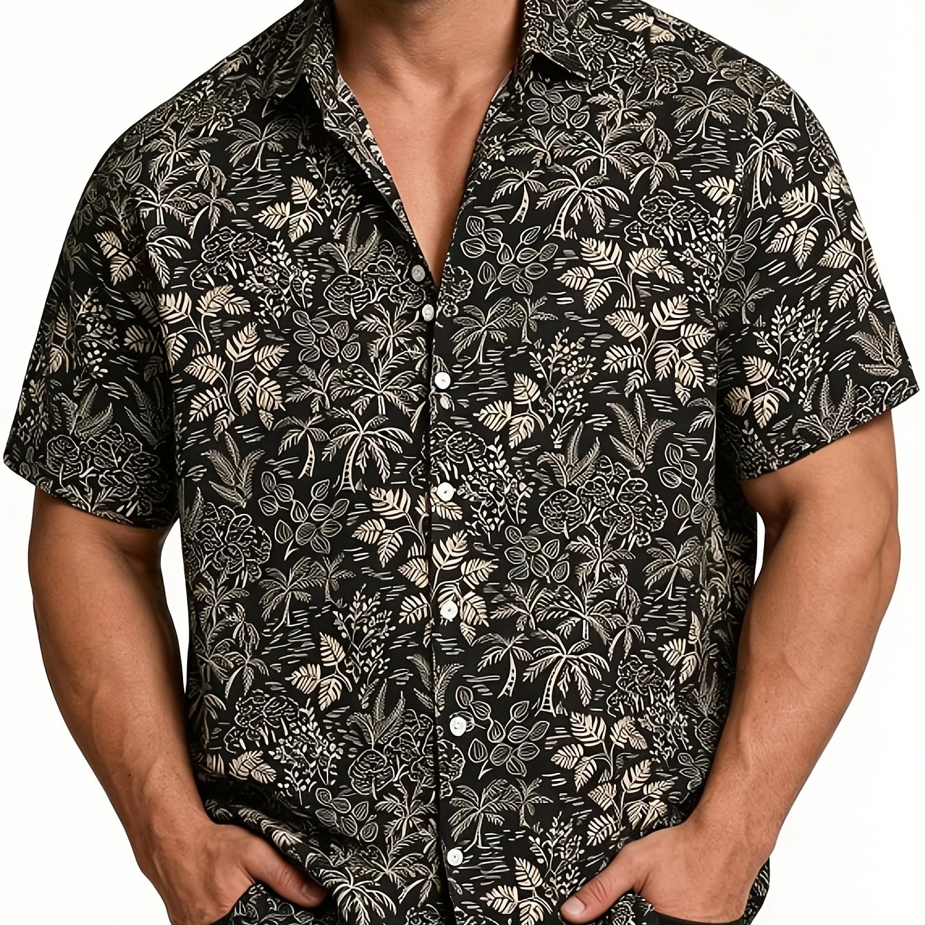 TEMU [printed Design â Not Textured] Men's Tropical Plant Pattern Print Short-sleeve Shirt, Lapel Collar Slim Fit, Versatile Summer Top