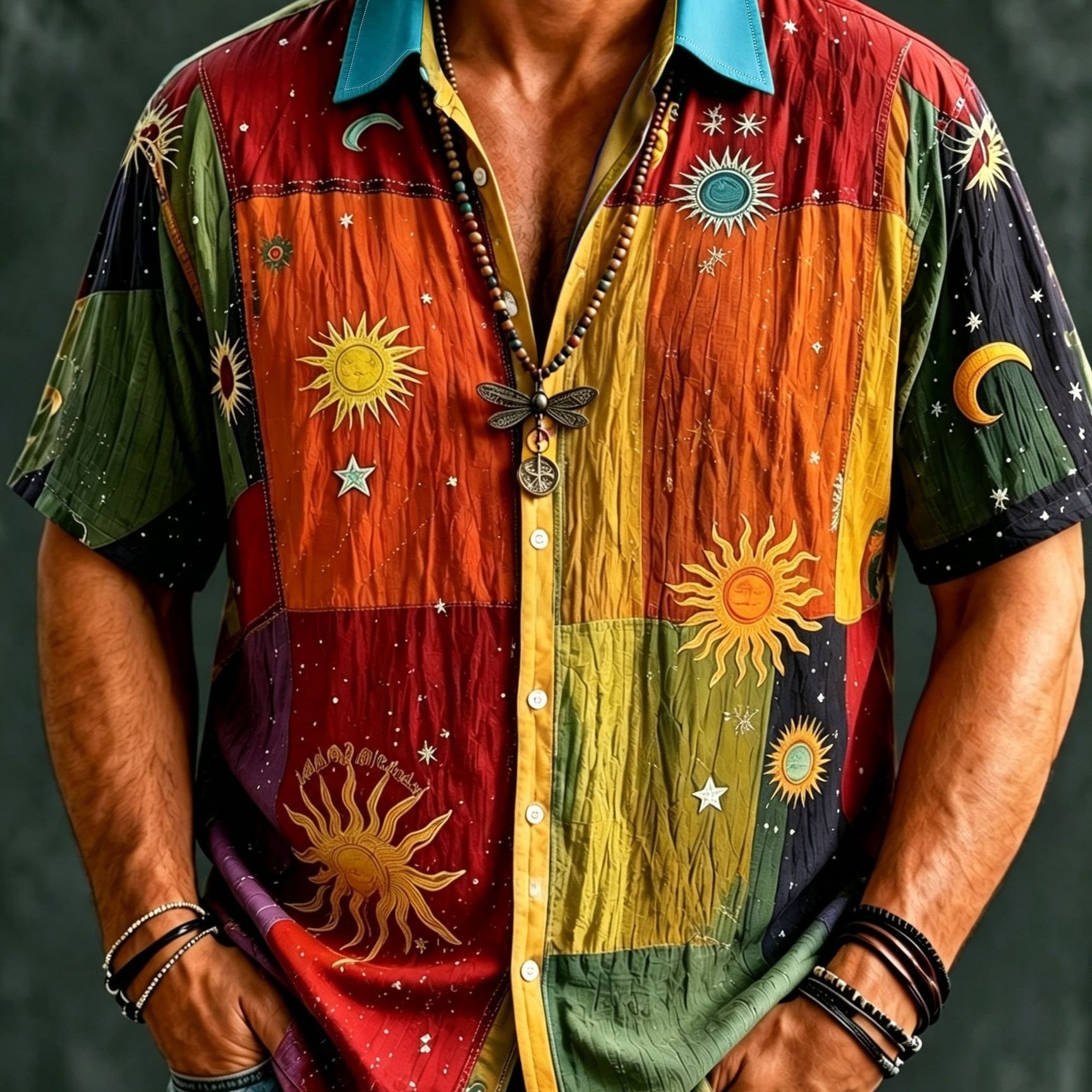 TEMU Western Men's Lapel Short Sleeve Shirt, , Celestial Elements Bohemian Print Full Print Top, Youth Fashion, Suitable For Daily Casual, Outdoor