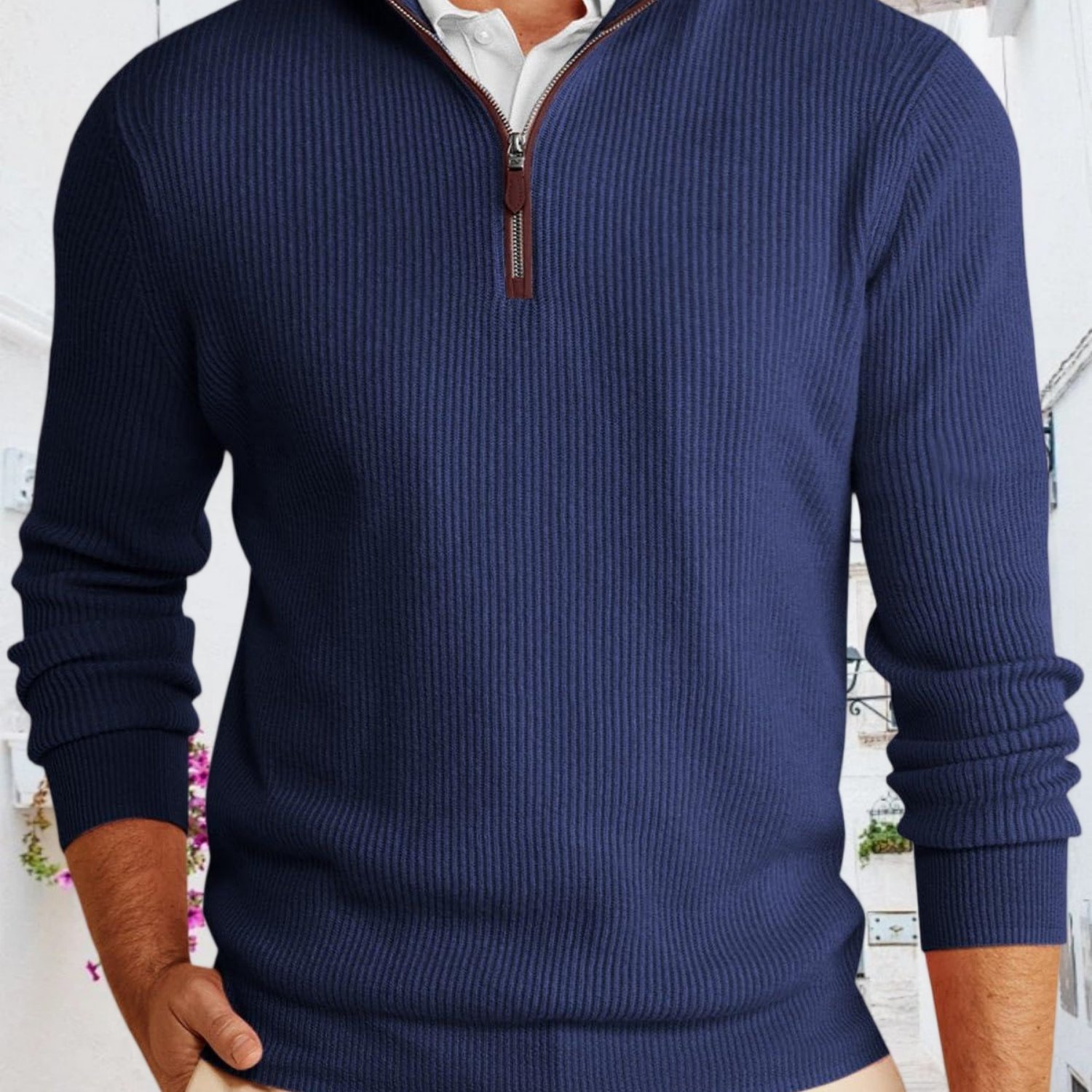 Men's Casual Mock Neck Quarter-zip Pullover Sweater For Winter, Warm Ribbed Style