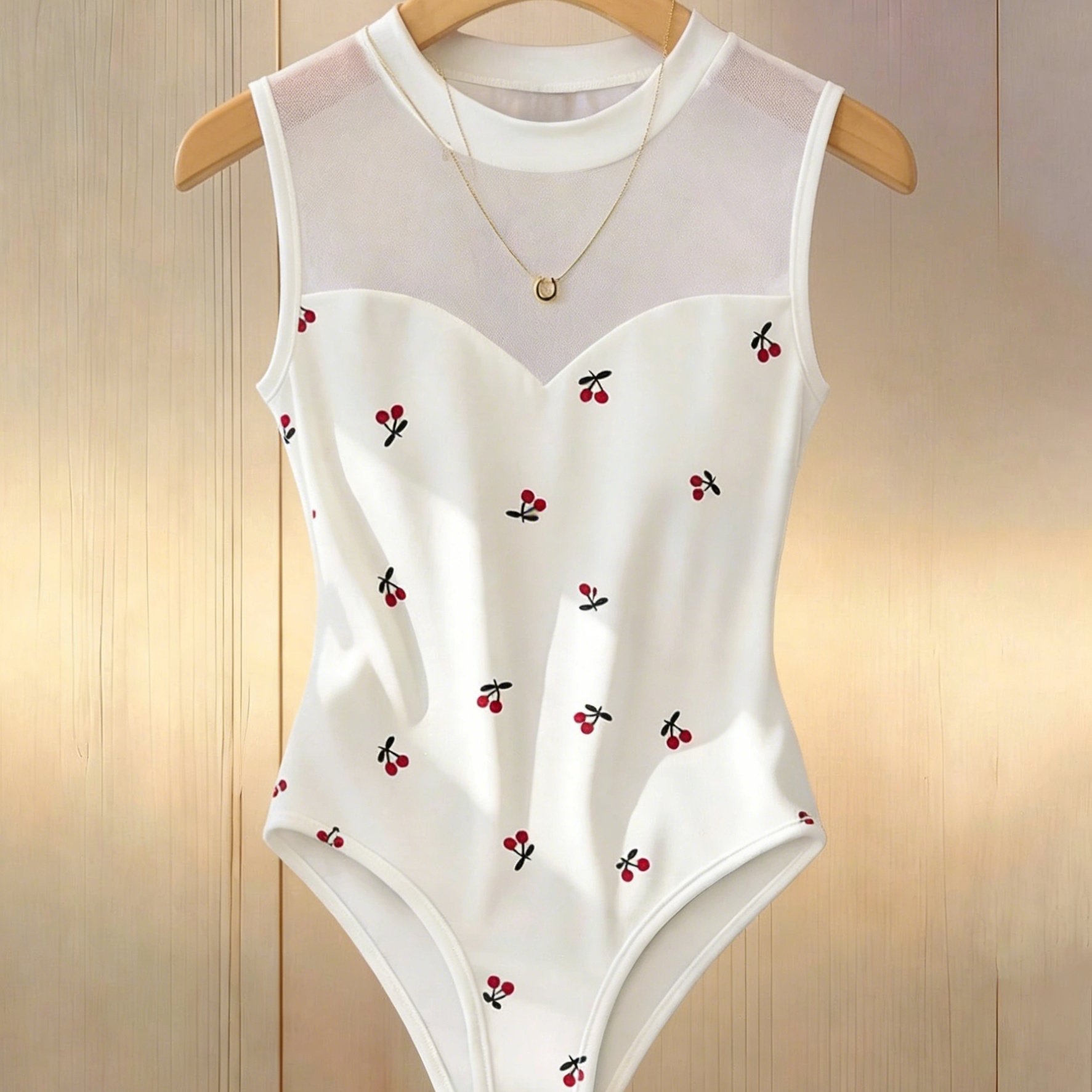 Image of Printed Sleeveless Bodysuit For Women, White Mesh Base Layer Bodysuit, Summer Top, Elegant Party, Casual , Outfit, Summer Bodysuit, Tight Clothing