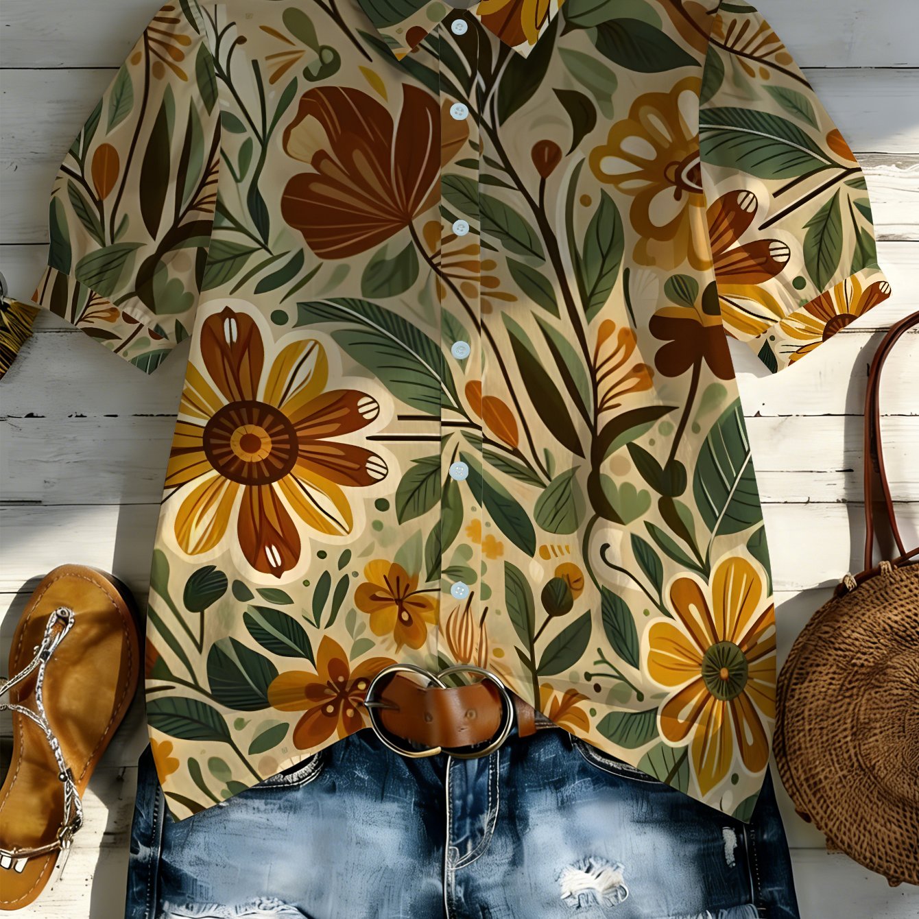 TEMU 1pc Floral Pattern Short Sleeve Button-up Shirt, Ideal For Beach, Travel, Outdoor, Casual Wear, Summer Festival, Vacation, Garden Party, Garden