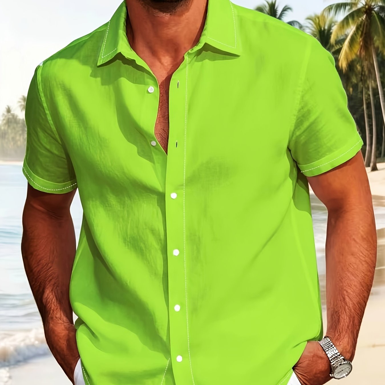 TEMU Hawaiian Style Shirt, Men's Green Short Sleeve Shirt, Button-up Collar Design, Comfortable And Soft Fabric, Casual Wear, Beach Vacation Fashion