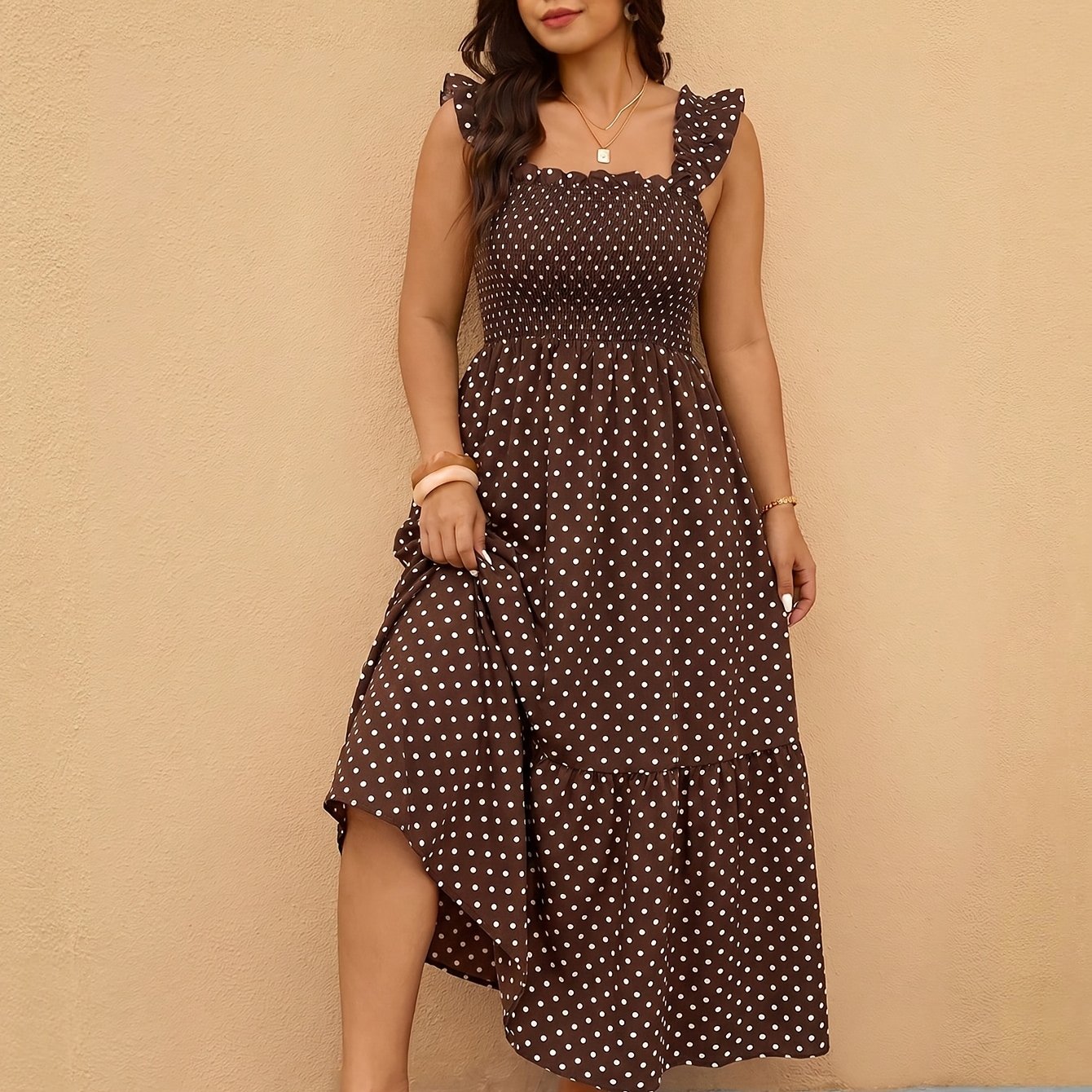 TEMU Plus Size, Plus Size Women's Holiday Polka Dot Print Pleated Design Dress