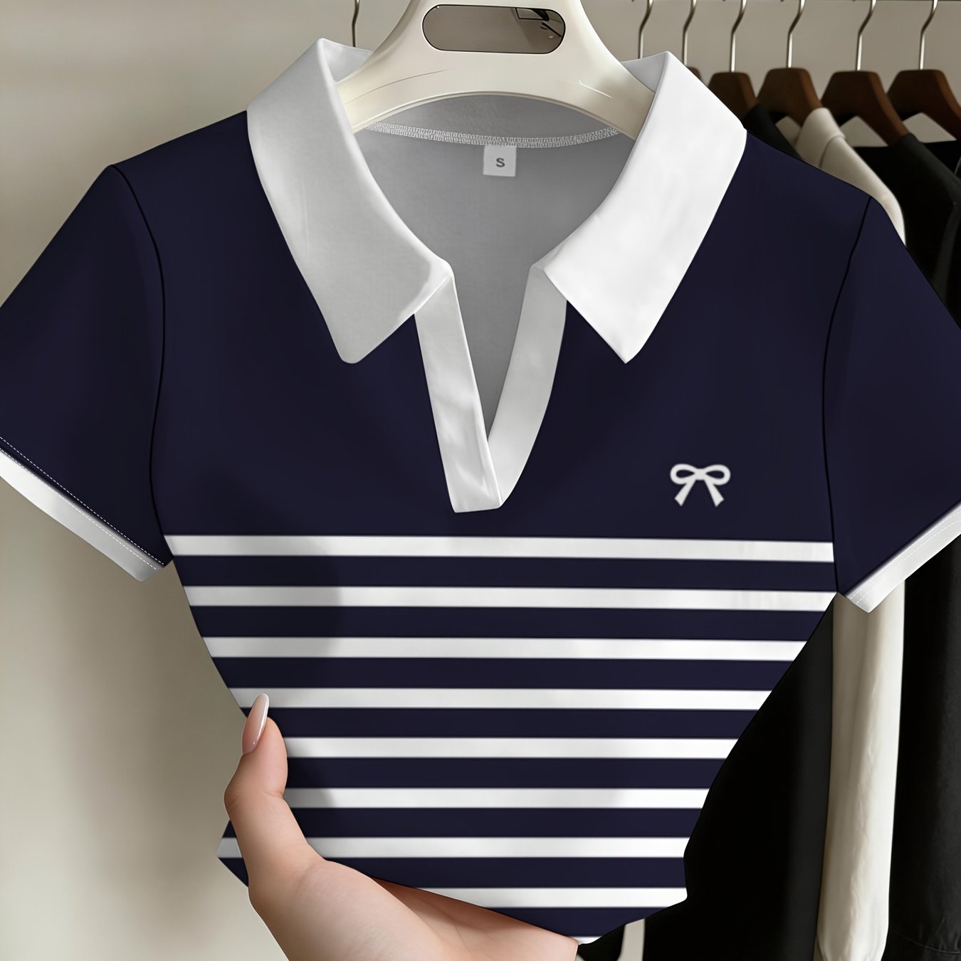 TEMU Women's Striped Lapel Short-sleeve Top, Stylish Easy And Versatile For Leisure , Comfortable Breathable Design For Daily Wear, Niche Trendy