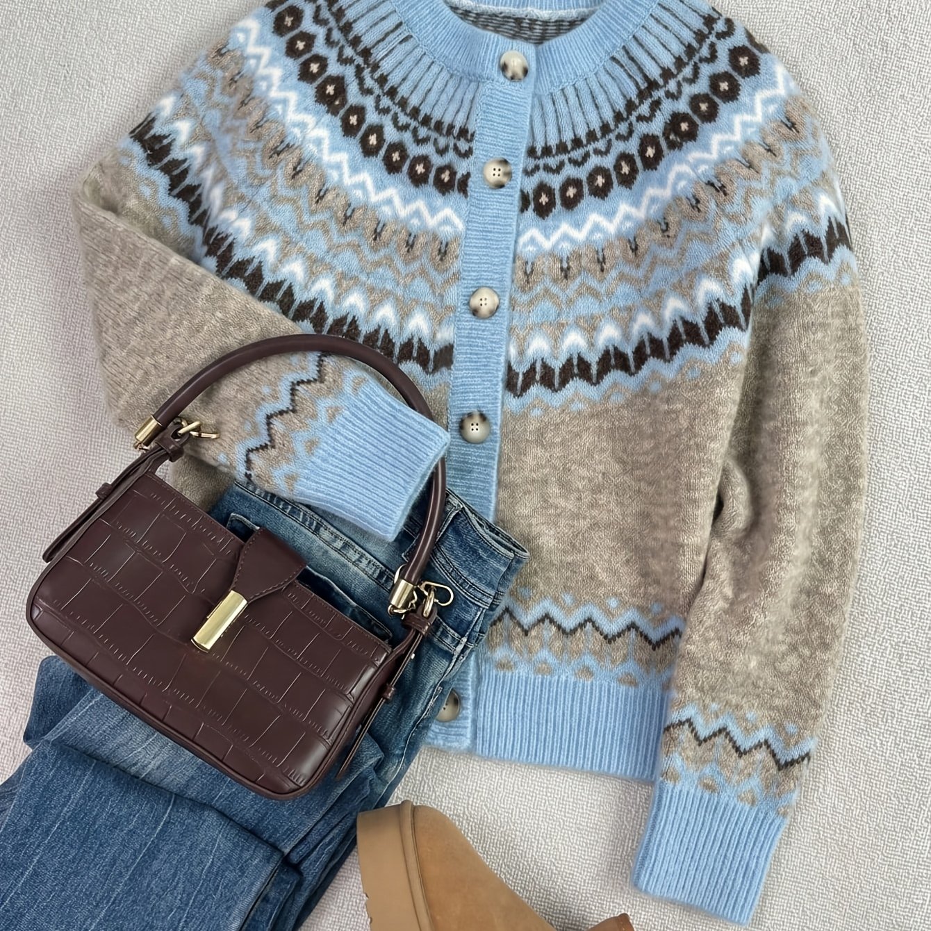 TEMU -shaped Cardigan - Retro Style With Nordic Patterns, Perfect For Winter Vacations