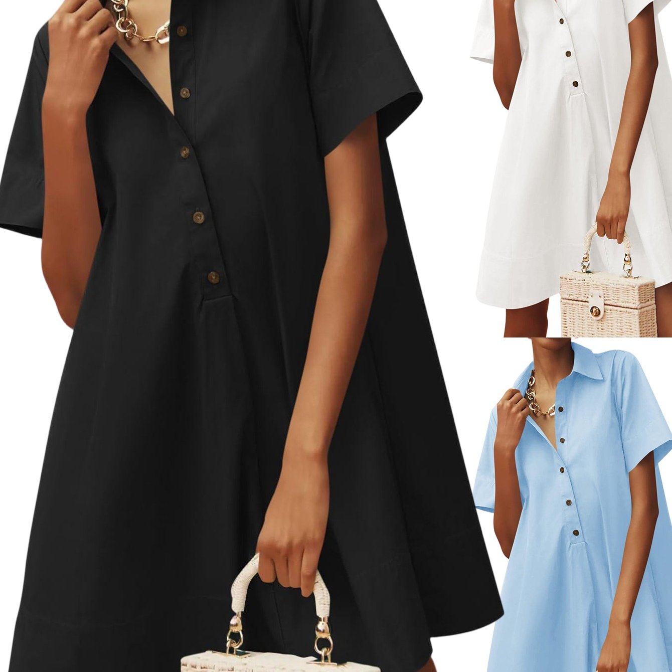 Womens Oversized Shirt Button Mini Dress Short Sleeve Casual Collared V Neck Summer Flowy Dresses