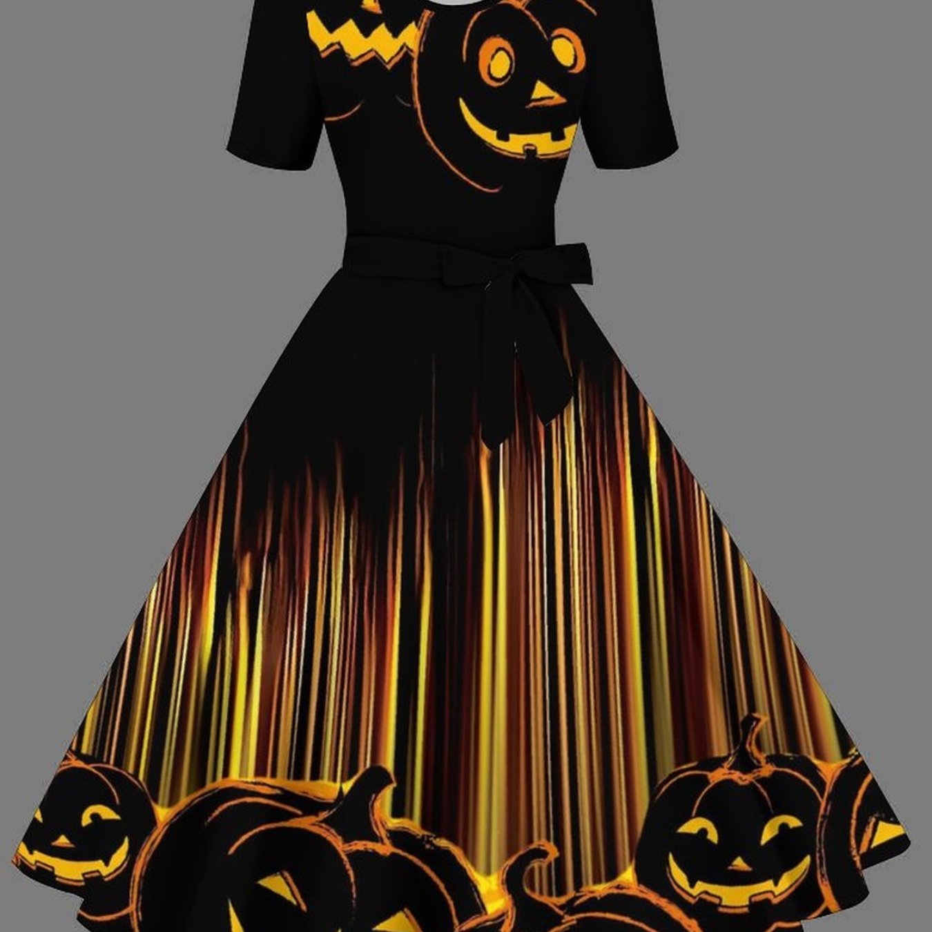 Image of Halloween Celebration Costumes, ' Round Neck Short Sleeve Dress, Elegant Pumpkin Skull Print Dress