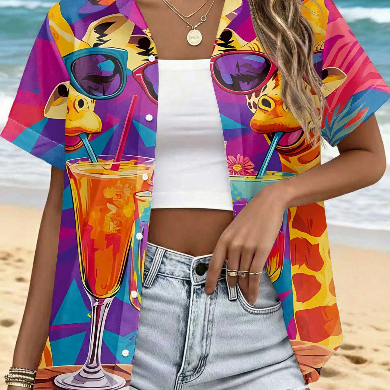 TEMU Camisa casual de manga corta para mujer con estampado de tostadas de , top lavable a máquina, camisa de moda con botones