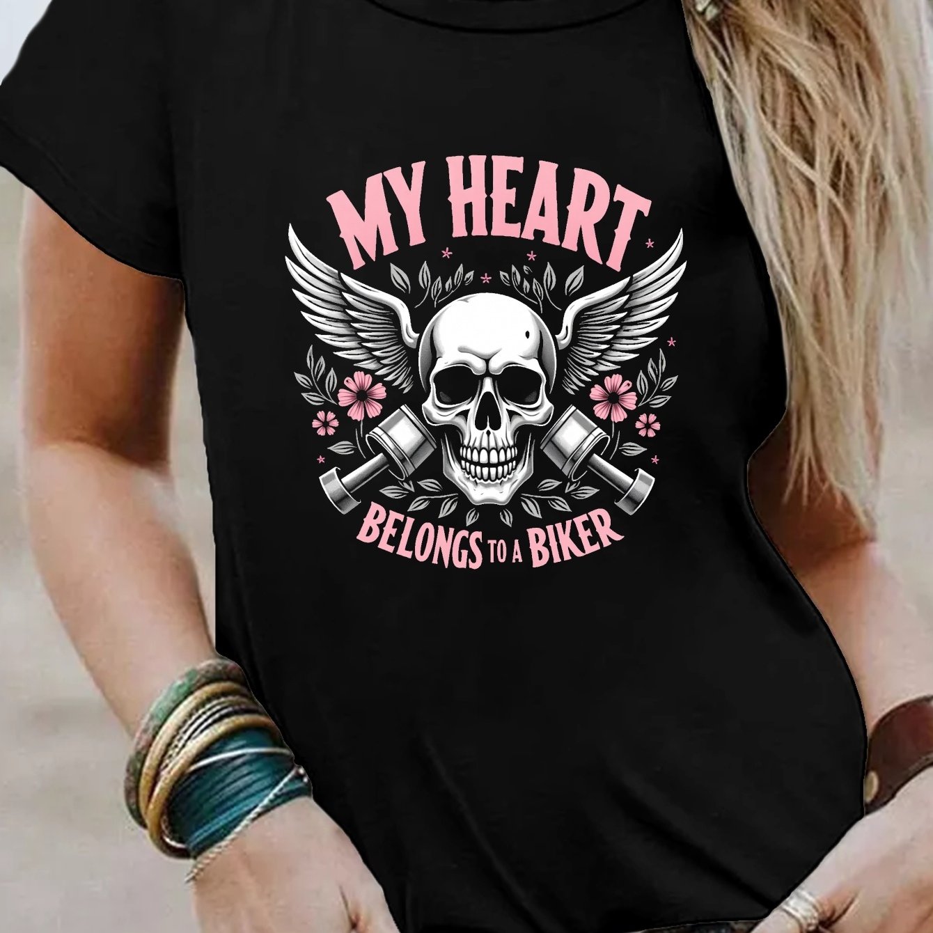 Plus Size, Women's Biker Skull Graphic T-shirt Green Short Sleeve Crew Neck Casual Top With My Heart To A Biker Print, Perfect For , Biker Tshirt