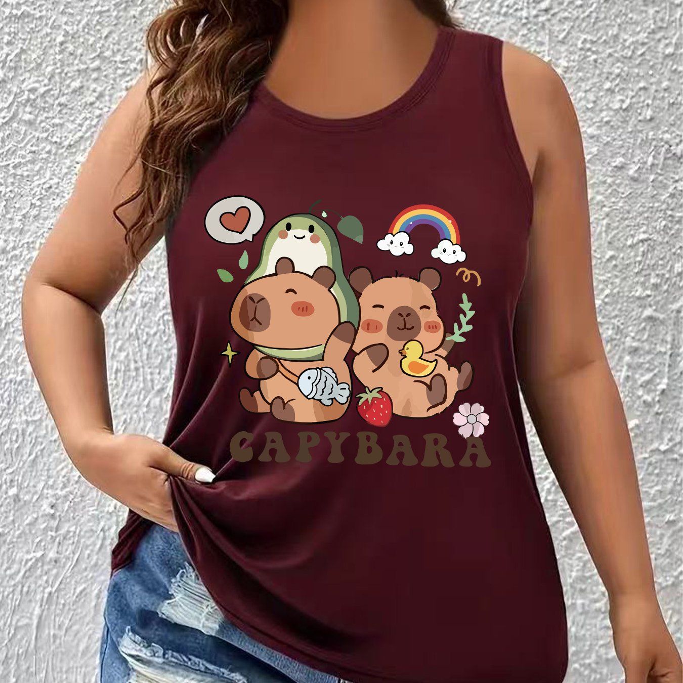 TEMU Plus Size - Plus Size - Trendy Oversized Capybara Print Tank Top With A Round Neck, Popular In Europe And America