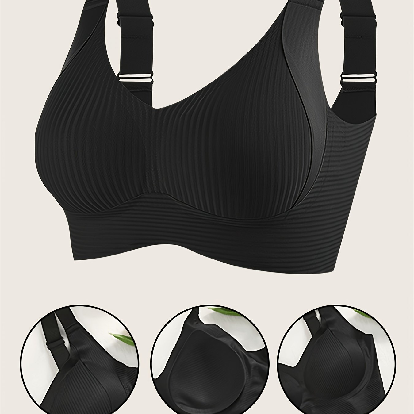 TEMU 2026 Spring New Women's Plus-size Full-coverage Push-up Bra - Wireless, Adjustable Straps, Seamless Design, With Removable Pads And Side Stripes