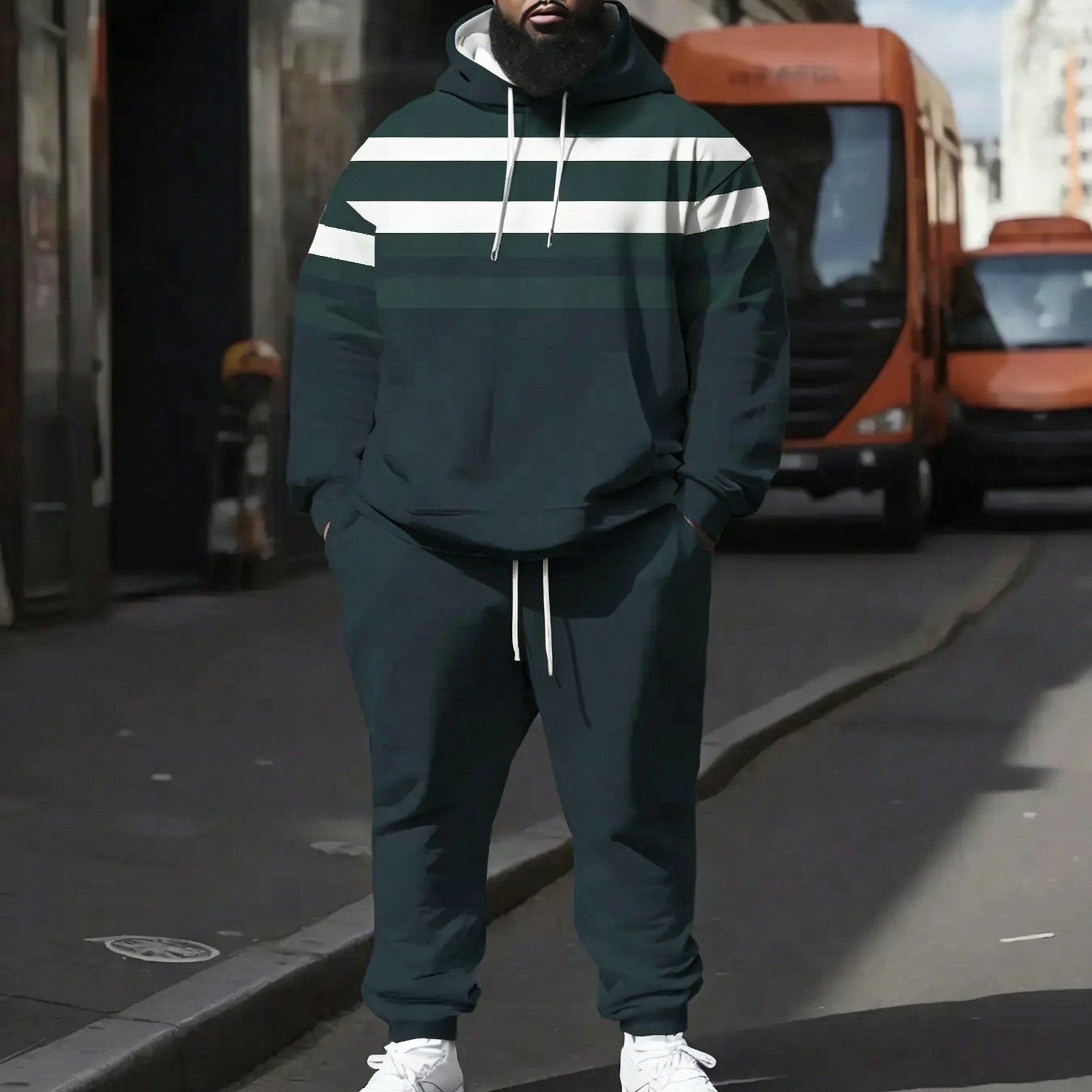 TEMU [printed Design - Not Textured] Autumn/winter Men's Hooded Sweatshirt Set. The Top Is Dark Green With ; Is Casual Pants In Color. The Overall