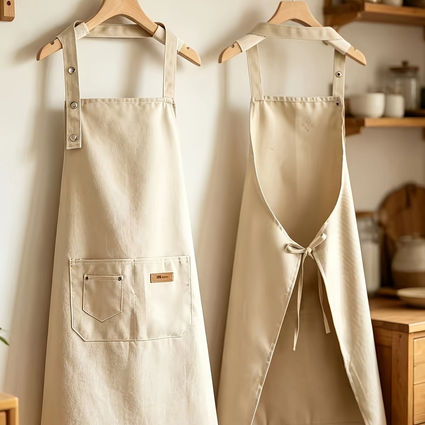 TEMU 2026 New Internet-famous Fashionable Wear-resistant Canvas Apron, Household Kitchen Cooking Breathable Workwear, Simple Neck-hanging Apron With