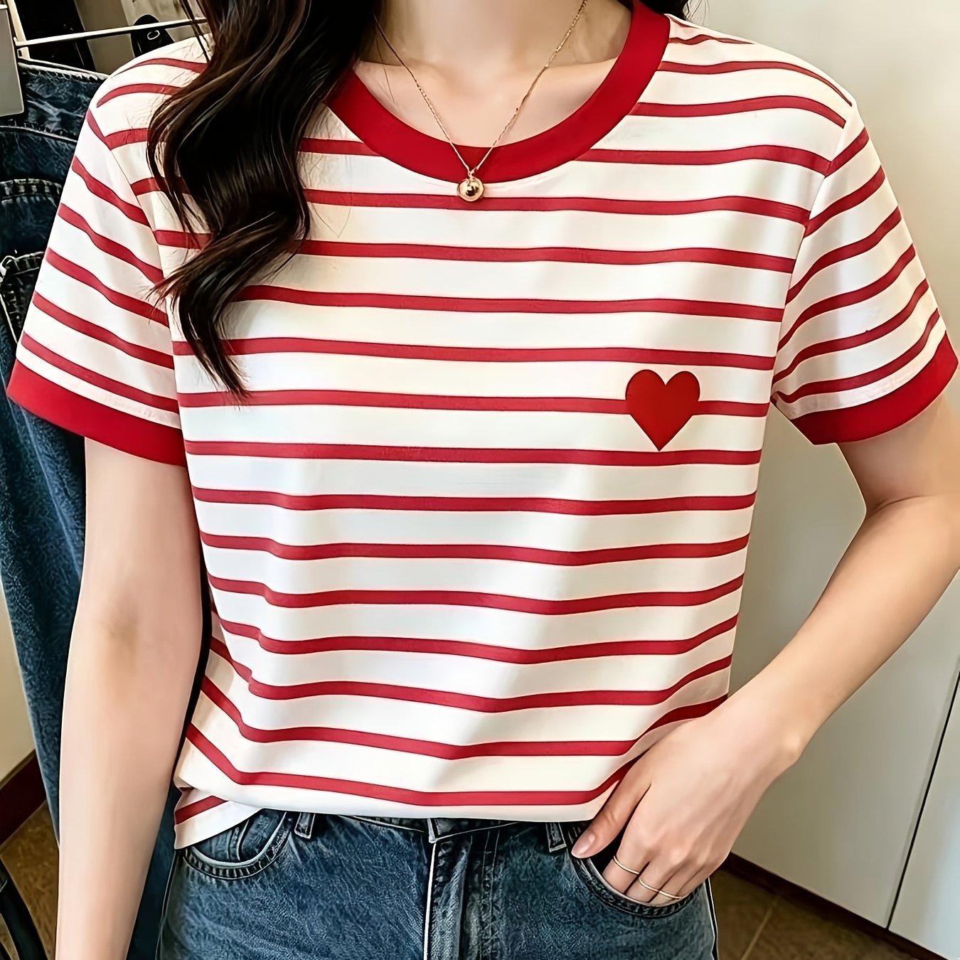TEMU Plmm Directional Style, Summer Korean , Style Versatile Striped Round Neck T-shirt