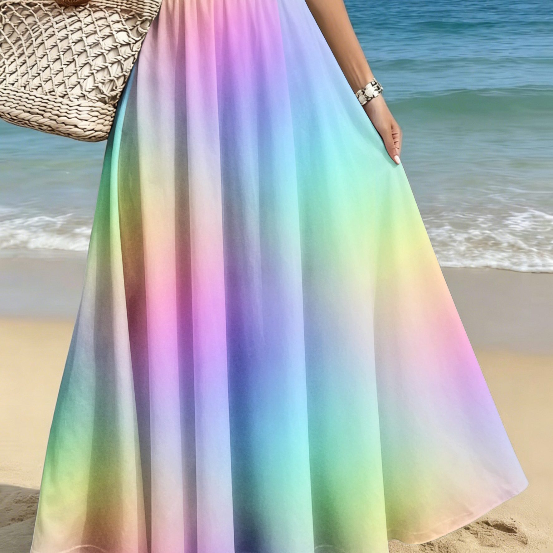 TEMU Plus-size Women's Elegant And Stylish Midi Skirt, Casual Printed Midi Dress With Gradient And Background Print, Suitable For