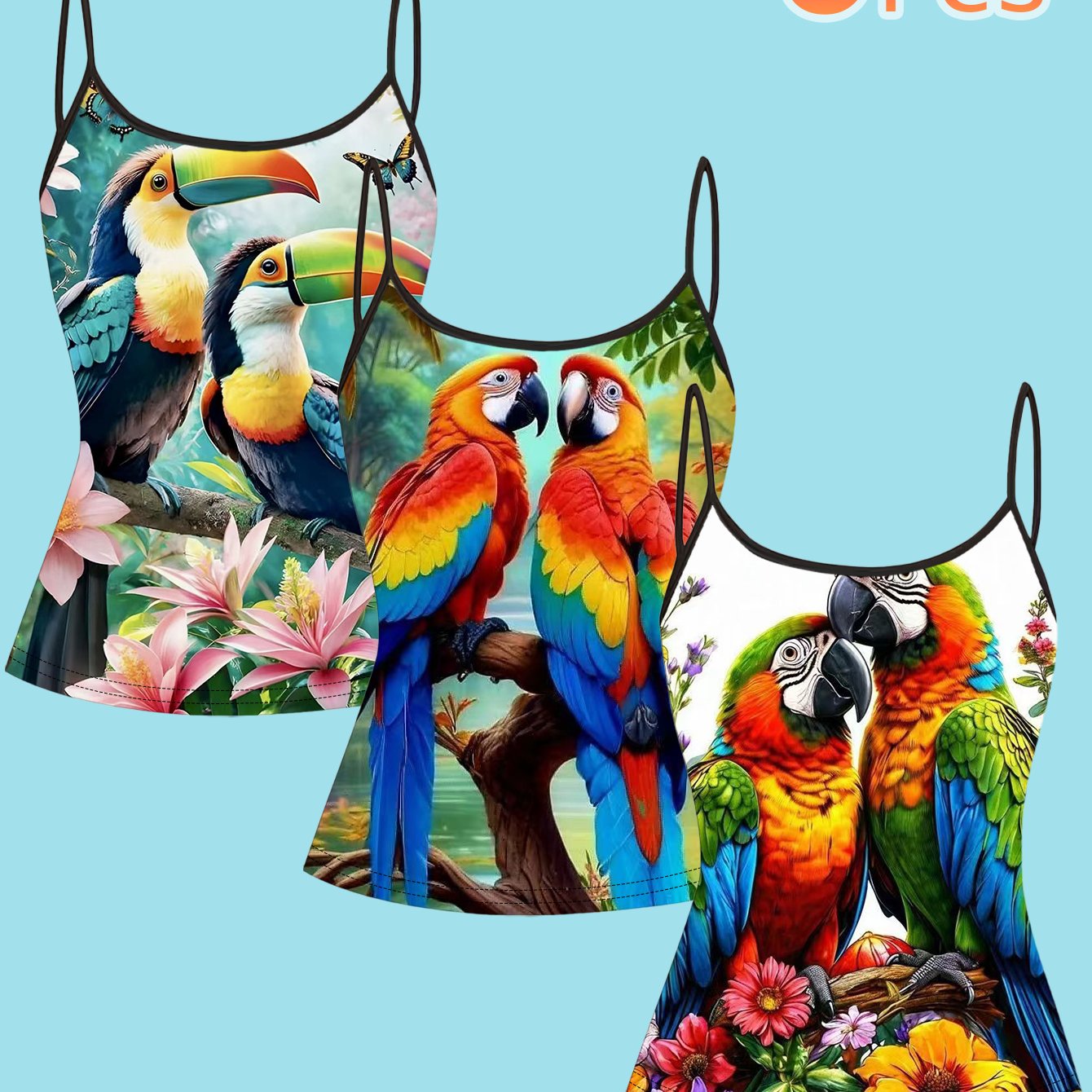 TEMU Plus Size - Plus Size - Set Of 3 Large Size Tropical Parrot Print Camisole For Women, Featuring Thin Straps, Perfect For Vibe