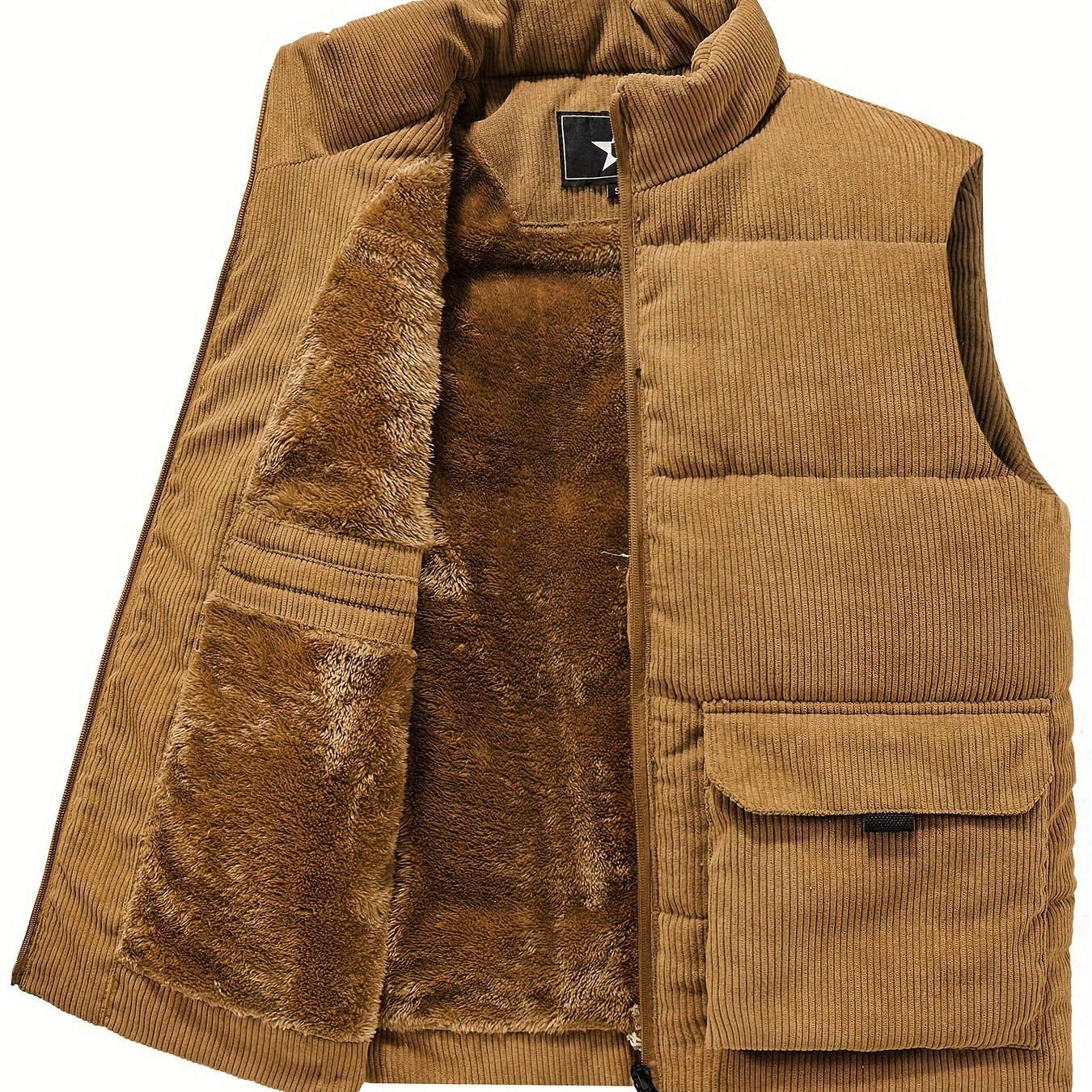 Image of New Winter Plus Size Men's Thickened Vest With Pockets For Outdoor Workwear Coat, Casual, Loose Fit, Stand Collar, Sleeveless, Daily