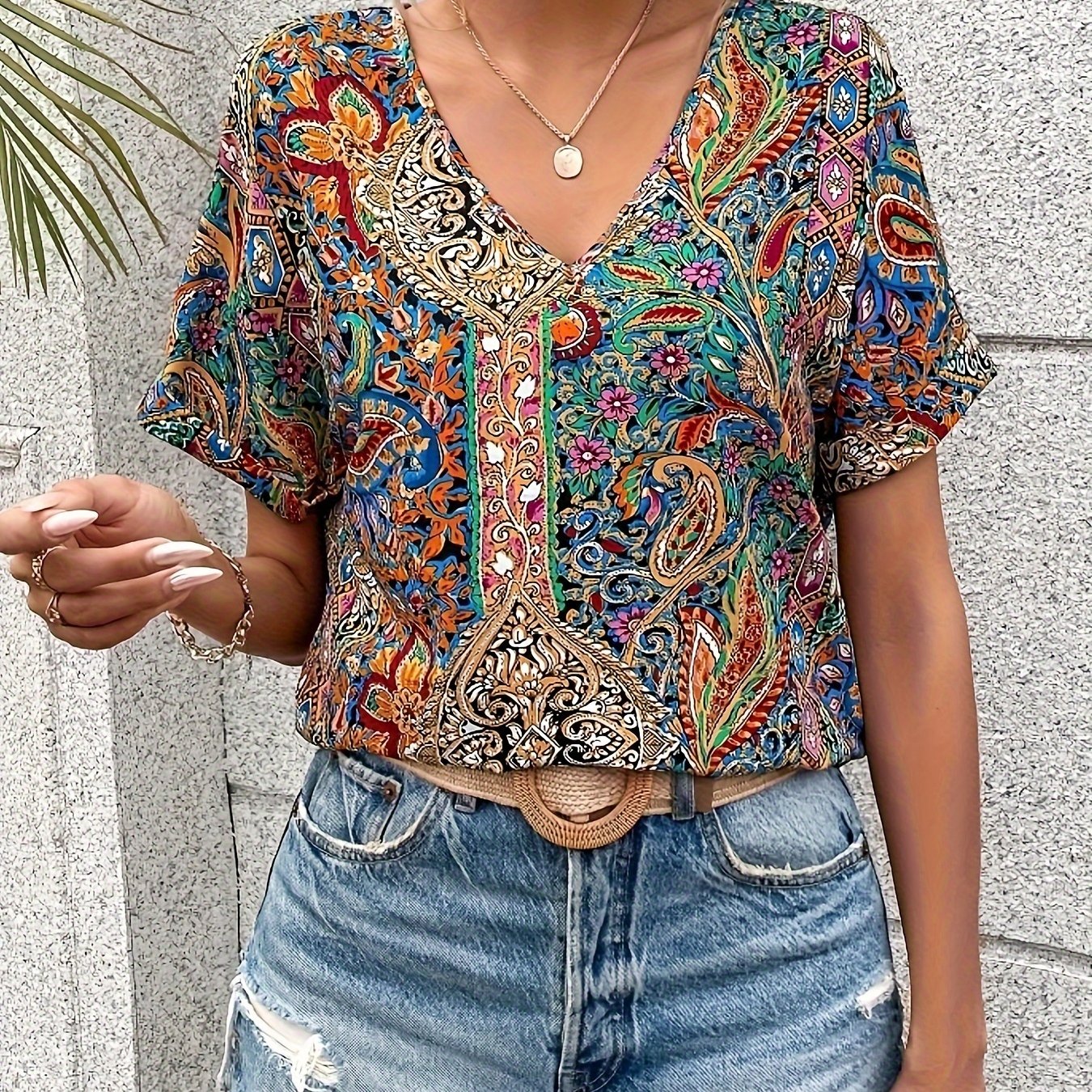 TEMU Paisley Print V Neck Blouse, Elegant Short Sleeve Blouse For Spring & Summer, Women's Clothing