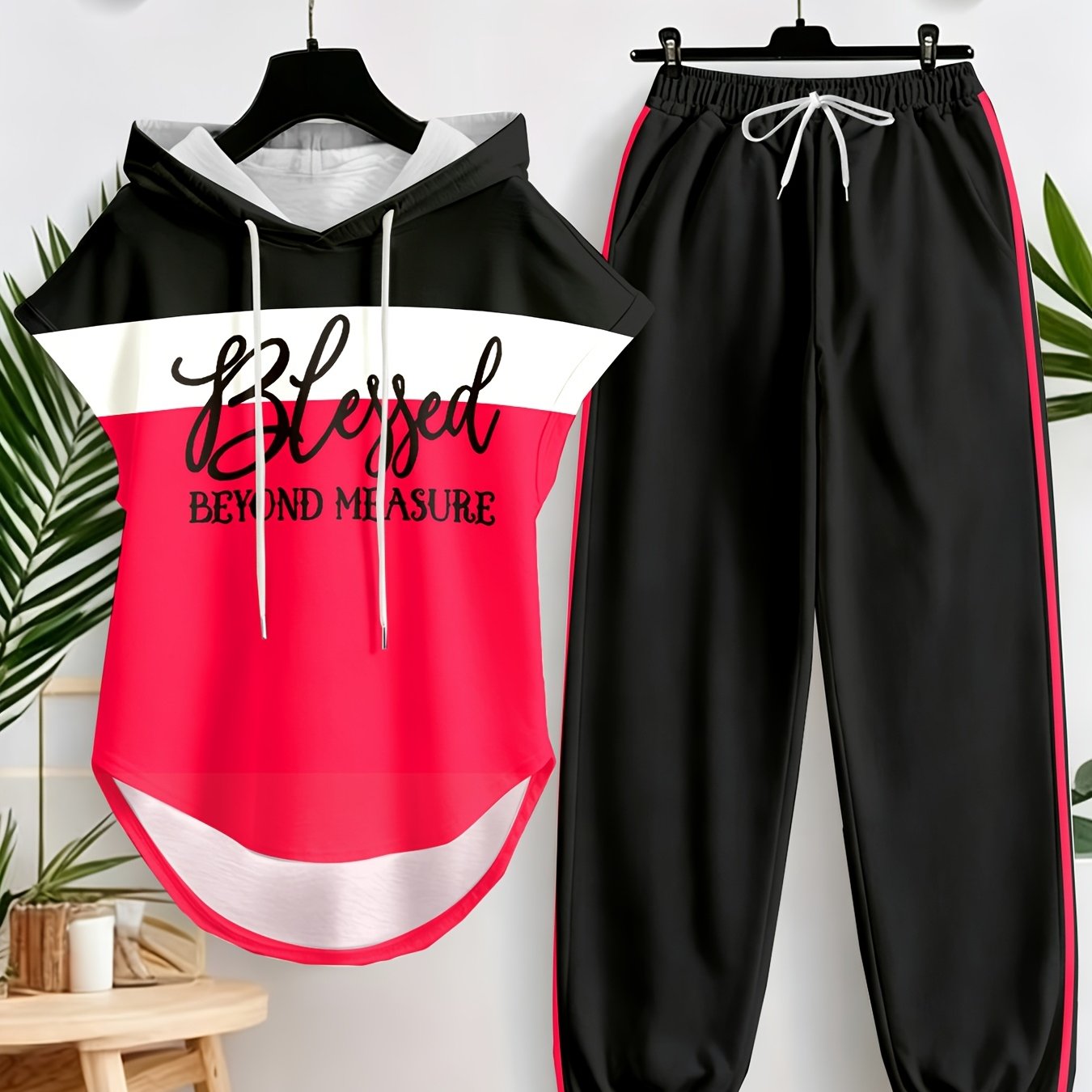 Plus Size, Autumn And Winter Plus Size Women's Casual Set, Blessed Measure Hooded Drawstring Sweatshirt With Striped Drawstring Long Pants 2pcs Set, Suitable For Daily And Going Out.