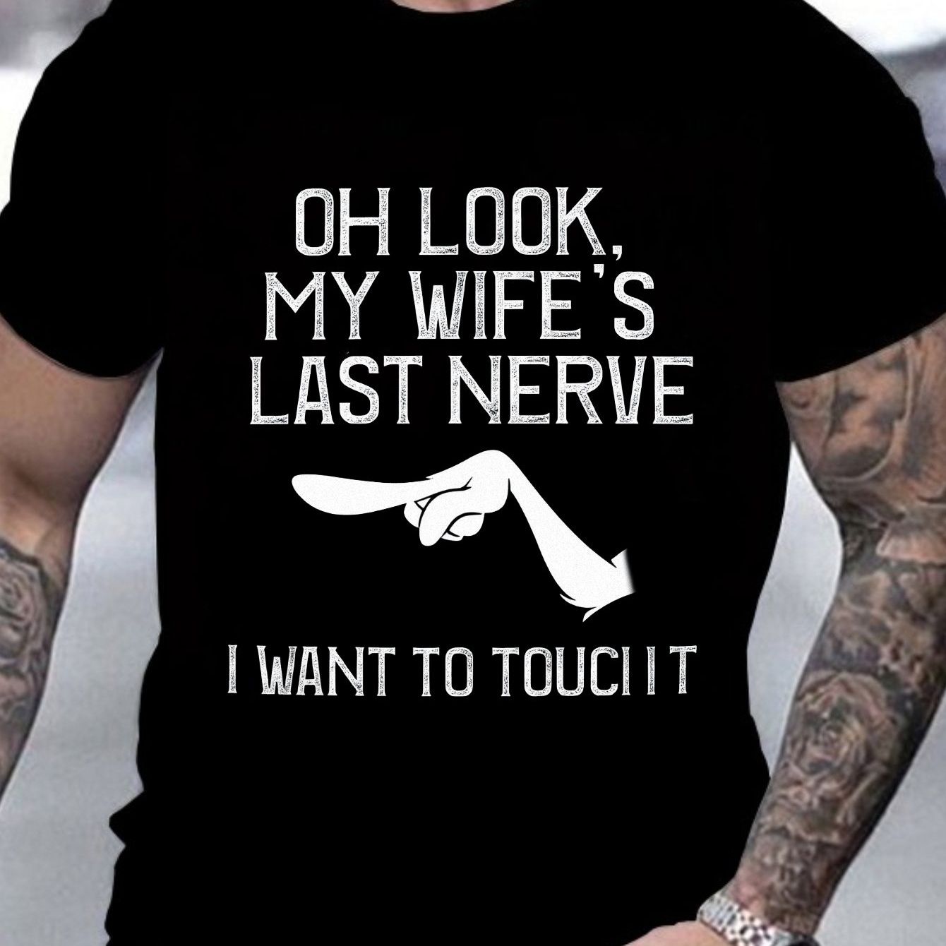 TEMU T-shirt fantaisie pour homme "Oh, regardez, ma femme a son " - Slogan humoristique et imprimé de motif de main, haut décontracté à manches