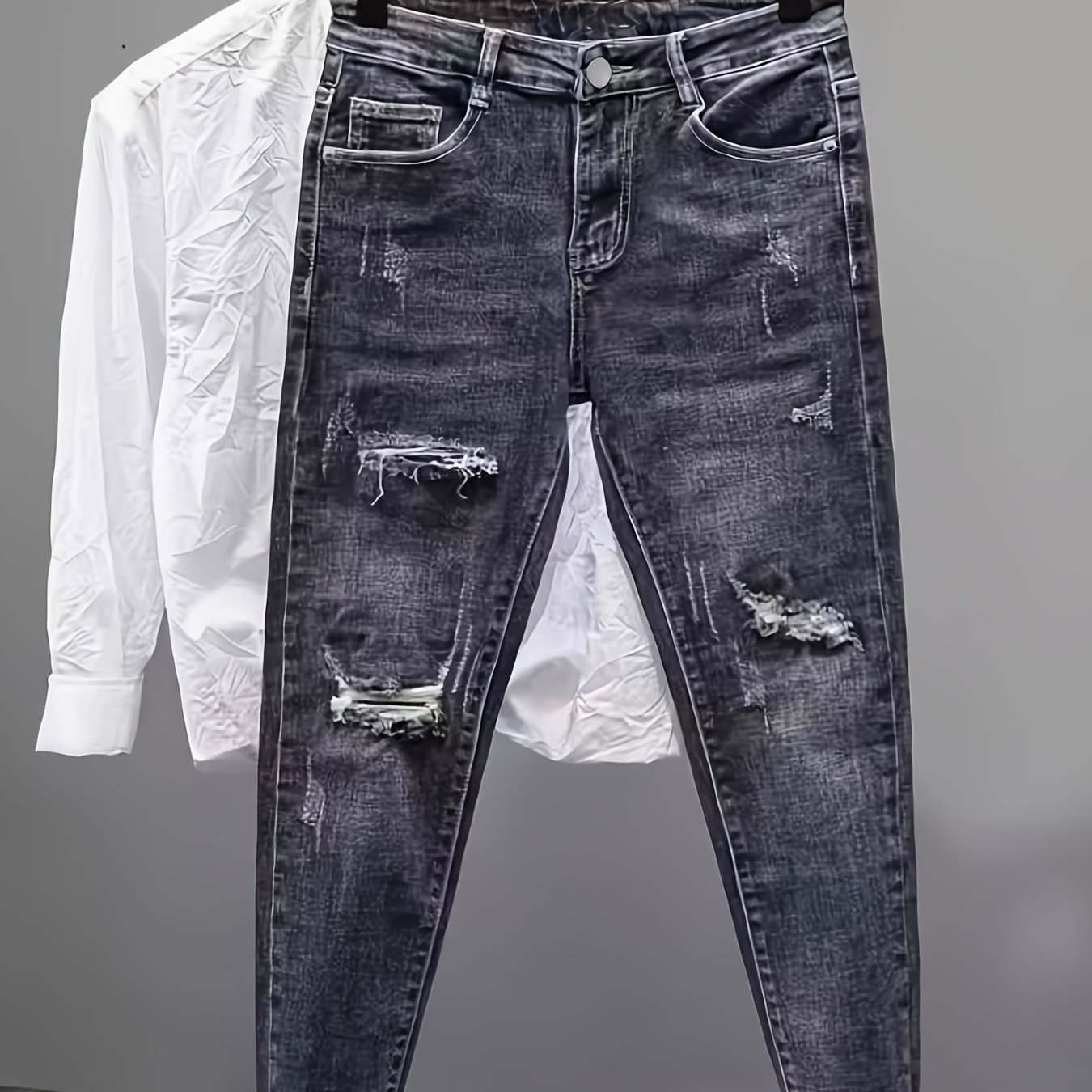 Image of Men's Jeans, Stretchable Denim Jeans, Fashionable Ripped Slim-fit Skinny Jeans, Black Denim, Trendy New Style Jeans