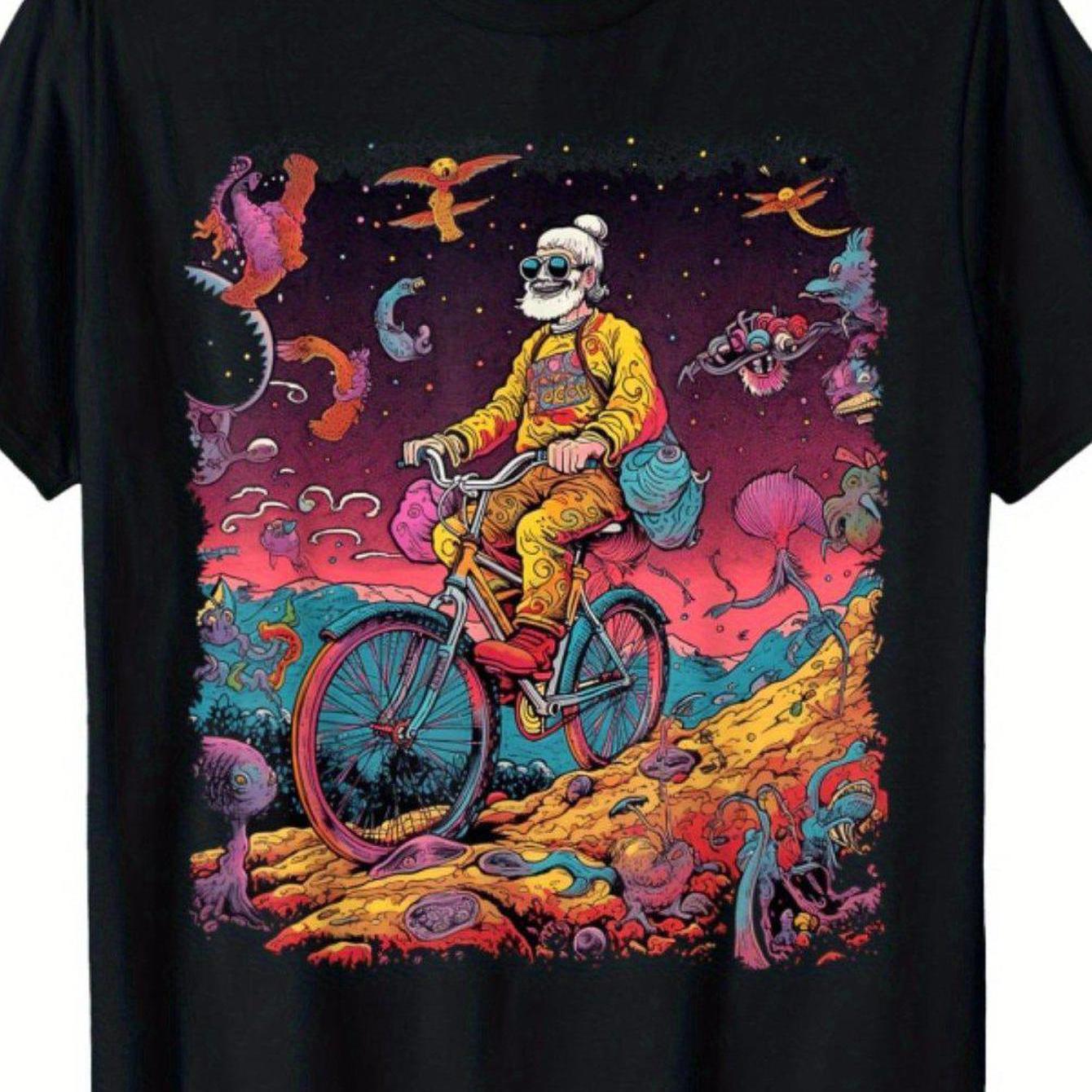 TEMU Men's Psychedelic Bicycle Graphic T-shirt - Trippy Bicycle Rider & , Soft Breathable Cotton Tee For 60s/70s Fans, Everyday Casual Streetwear