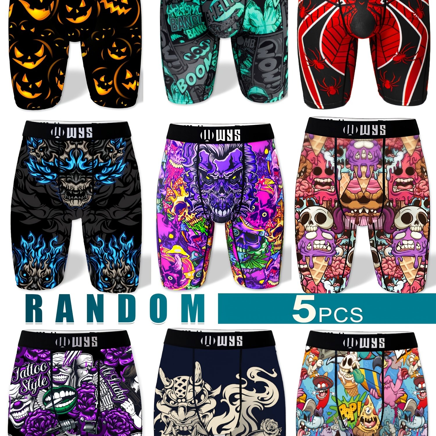 TEMU Random 5pcs Set, Men's Long Sports Underwear, Random Pc, Halloween, Comics, Cartoon, Valentine's Day, Gift For Boyfriend, Positioned Print,