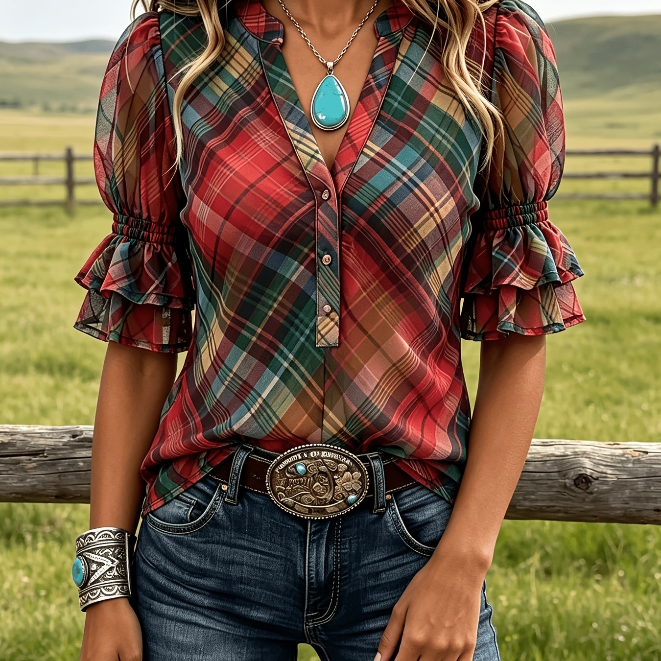 TEMU Chemise en à carreaux colorés vintage, blouse de style cowboy western à manches courtes, col en V, petite veste à volants double épaisseur,