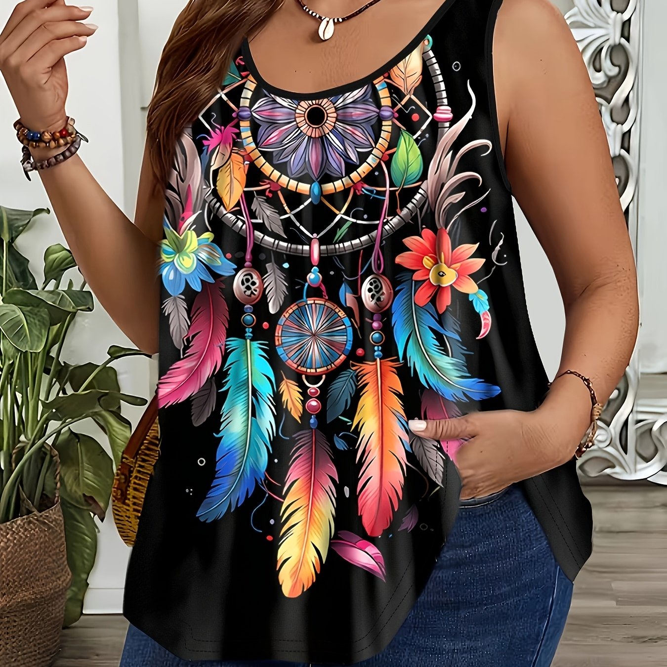 TEMU Plus Size, Dreamcatcher Print Oversized Crew Neck Tank Top, Bohemian Style Top