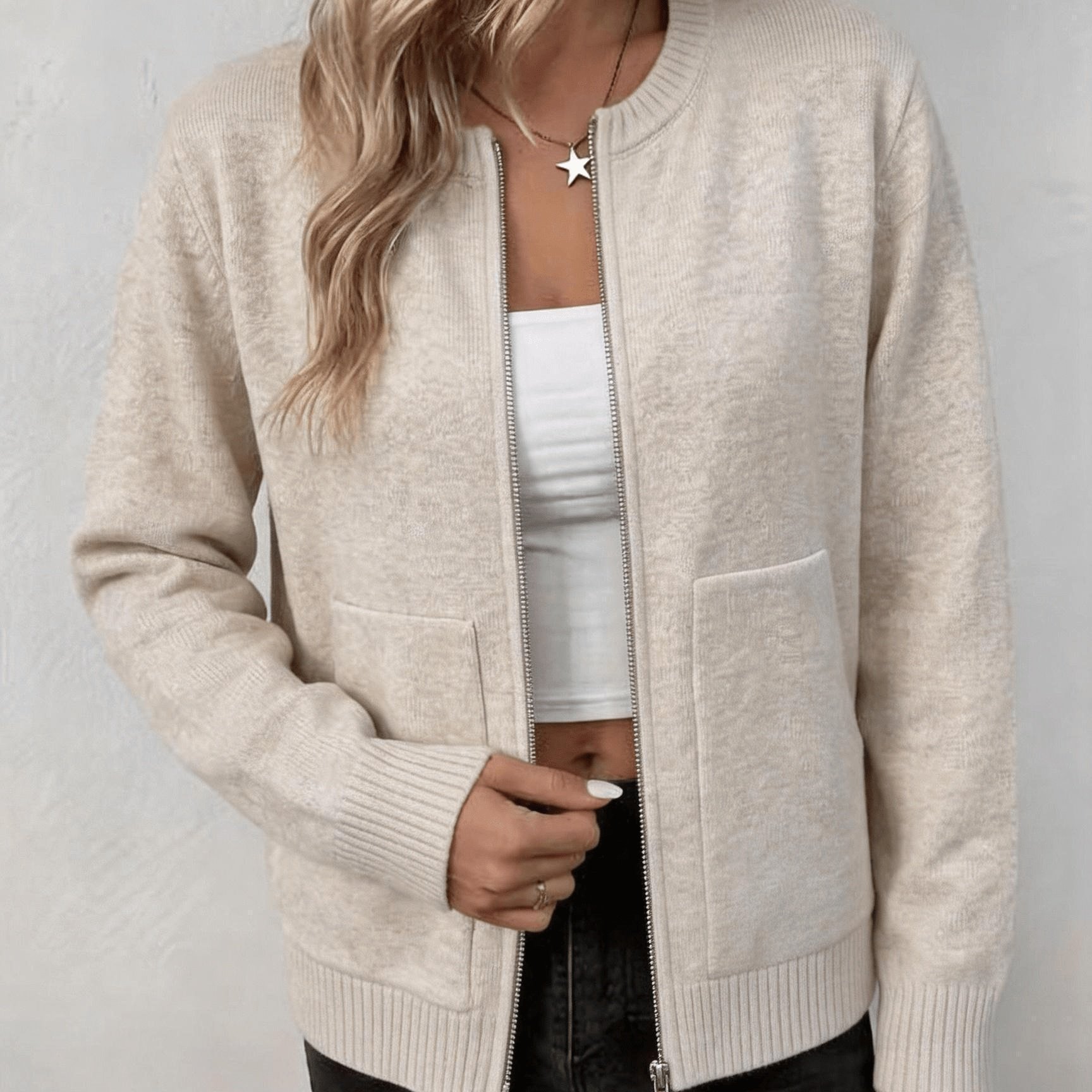 TEMU Plus Size, Plus Size Oatmeal Baseball Collar Fabric Cardigan Sweater For Women, Zipper Style, Loose Fit, , Soft And Versatile,, Spring/autumn