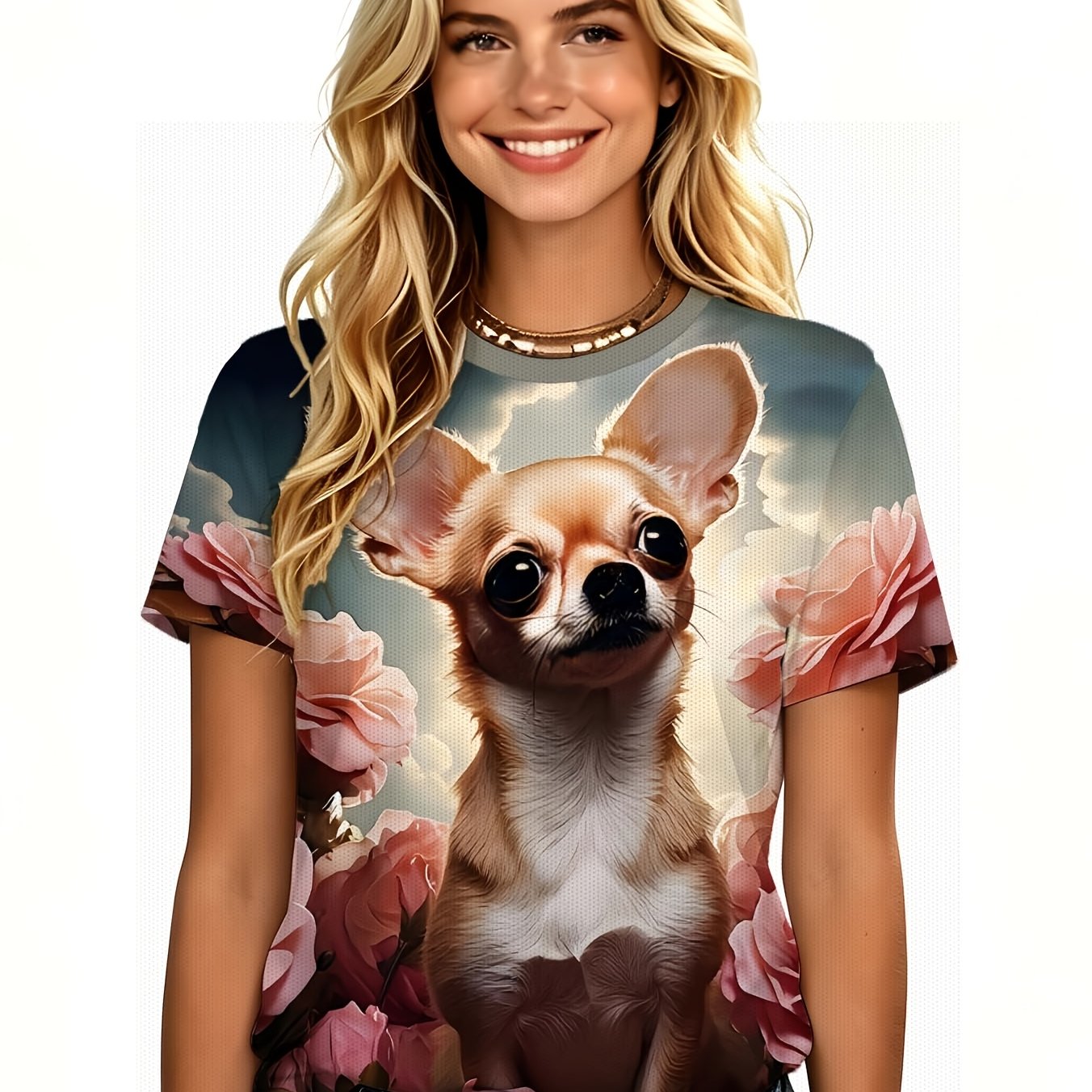 TEMU Women's Pattern Round Neck Casual Full Print T-shirt, Pink Rose Chihuahua Print, Breathable Machine Washable Fabric, Use, Fashion Print Design,