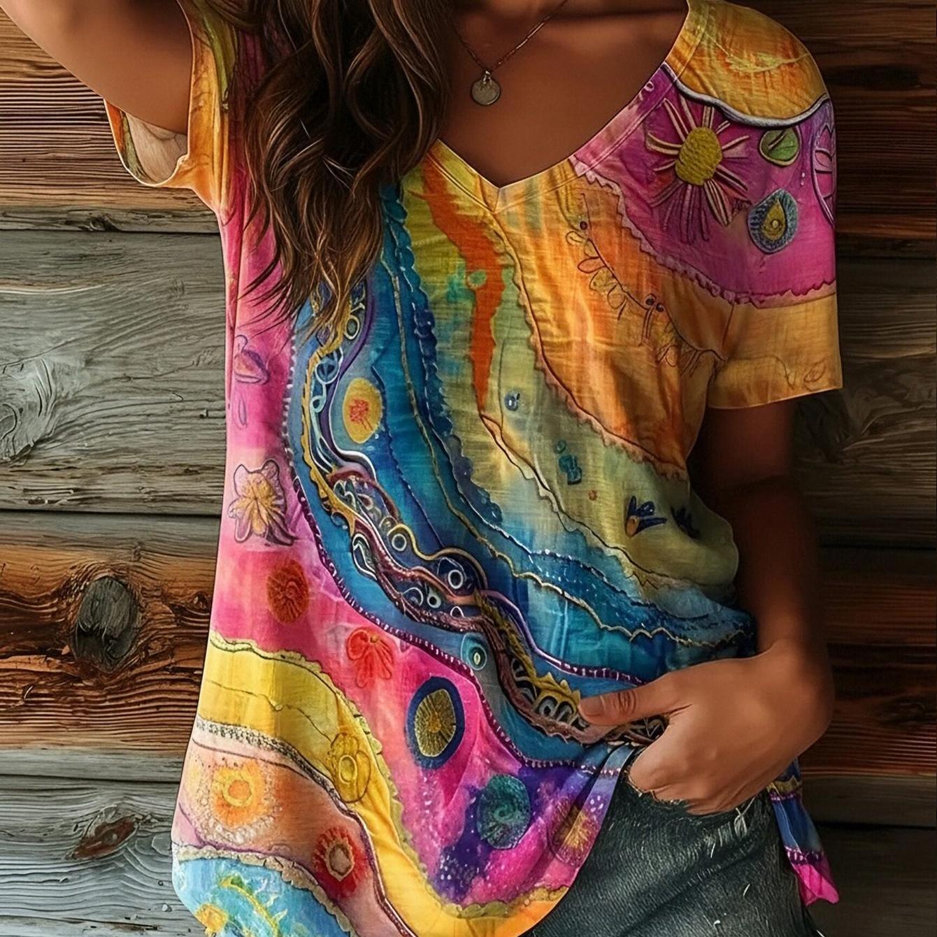 TEMU Summer Rainbow Graffiti Tie-dye Printed V-neck T-shirt, Loose And, Casual Ethnic Style Niche Short-sleeve Top