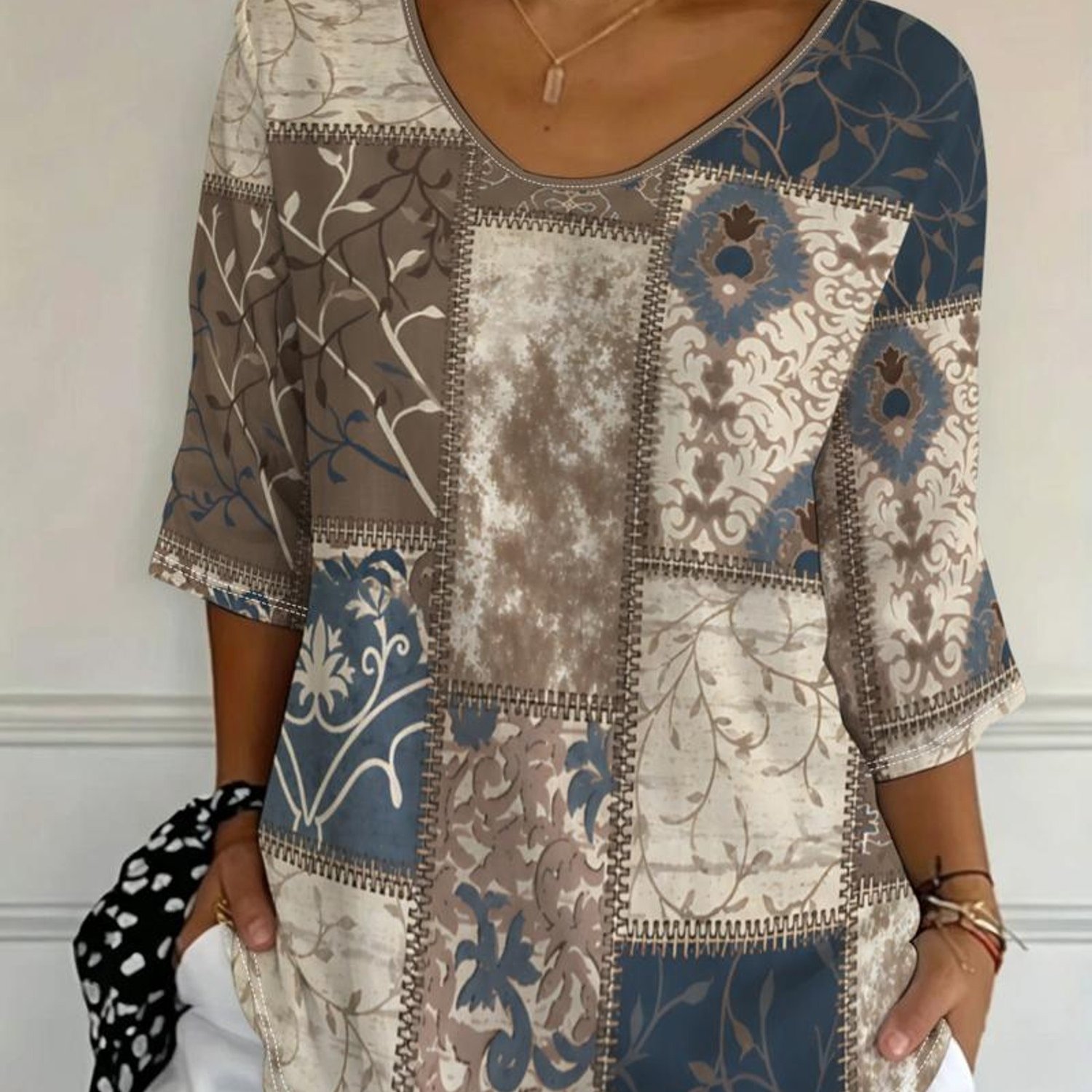 TEMU Plus Size, [printed Design - Not Textured] Plus-size Women's Top, Geometric Pattern In Blue/brown/beige/white, Multiple Sizes , Modern Art