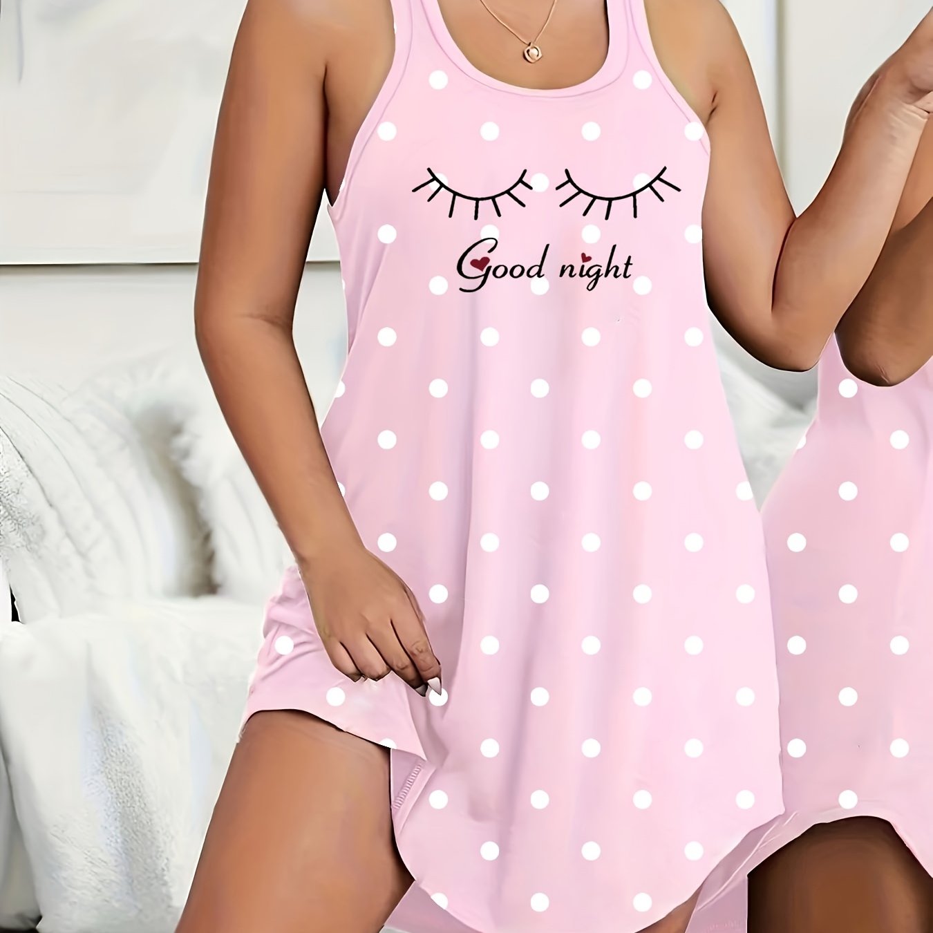 TEMU Women's Casual Pajamas, Pink Polka Dot "" Letter Print Round Neck Sleeveless Nightdress, /summer Loungewear
