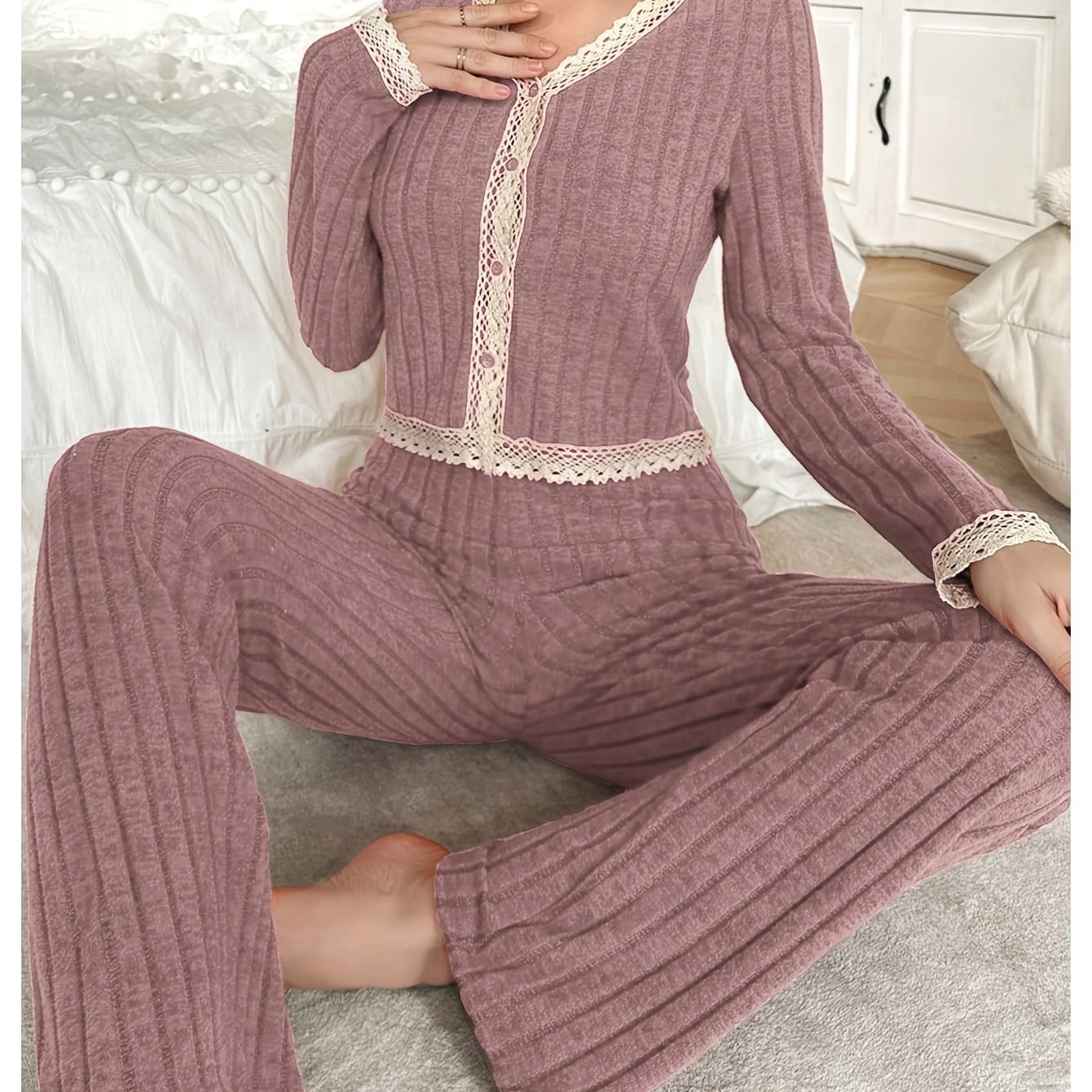 TEMU Completo Pigiama Elegante e Maturato, , Design con Bottoni e Pizzo, per Abbigliamento da Casa da Donna, Tessuto Confortevole