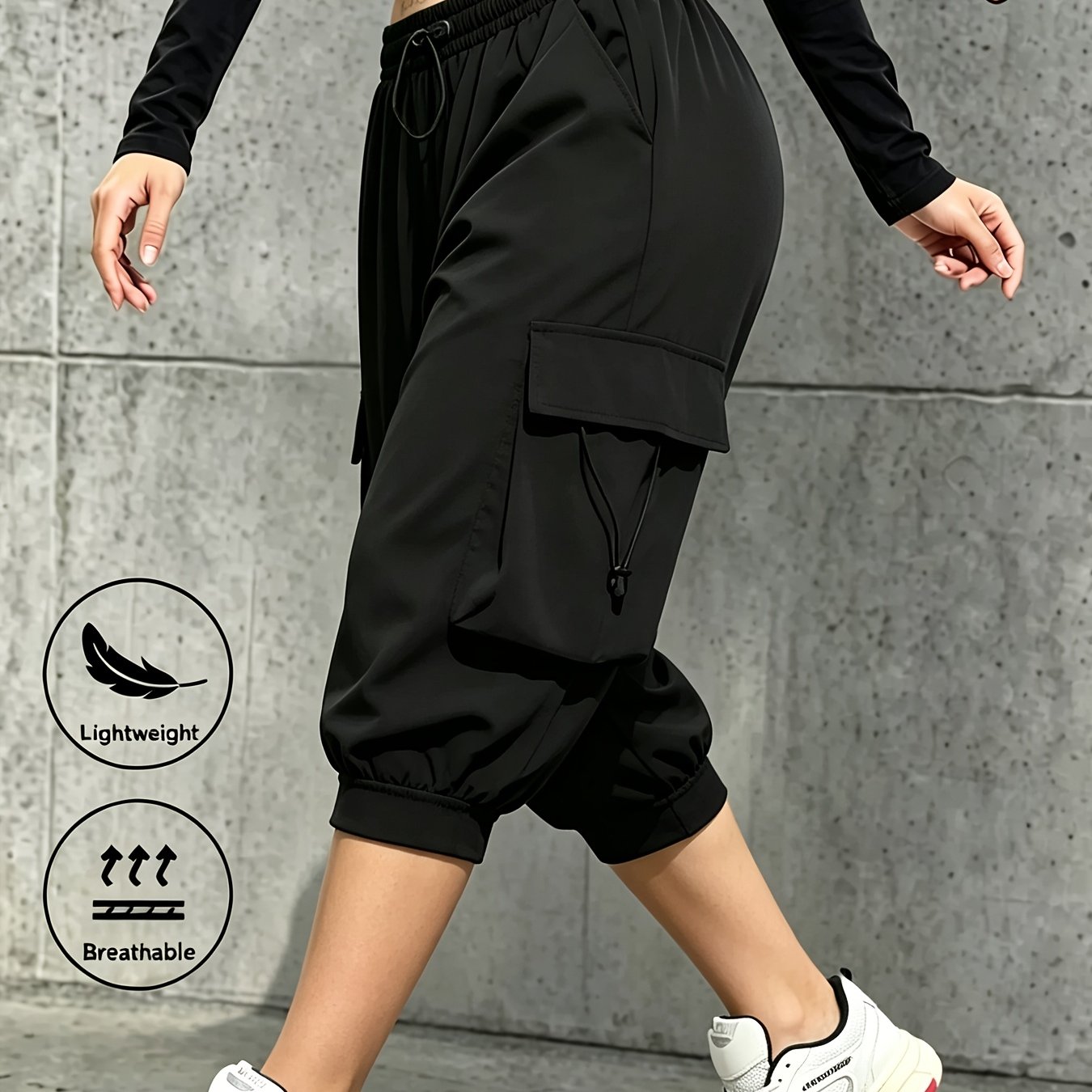 Plus Size, New Plus Size Capri Pants With Side Flap Pockets, Drawstring, And Button Waistband, Casual Women's Long Pants, Lightweight, Breathable, Comfortable, And Pants