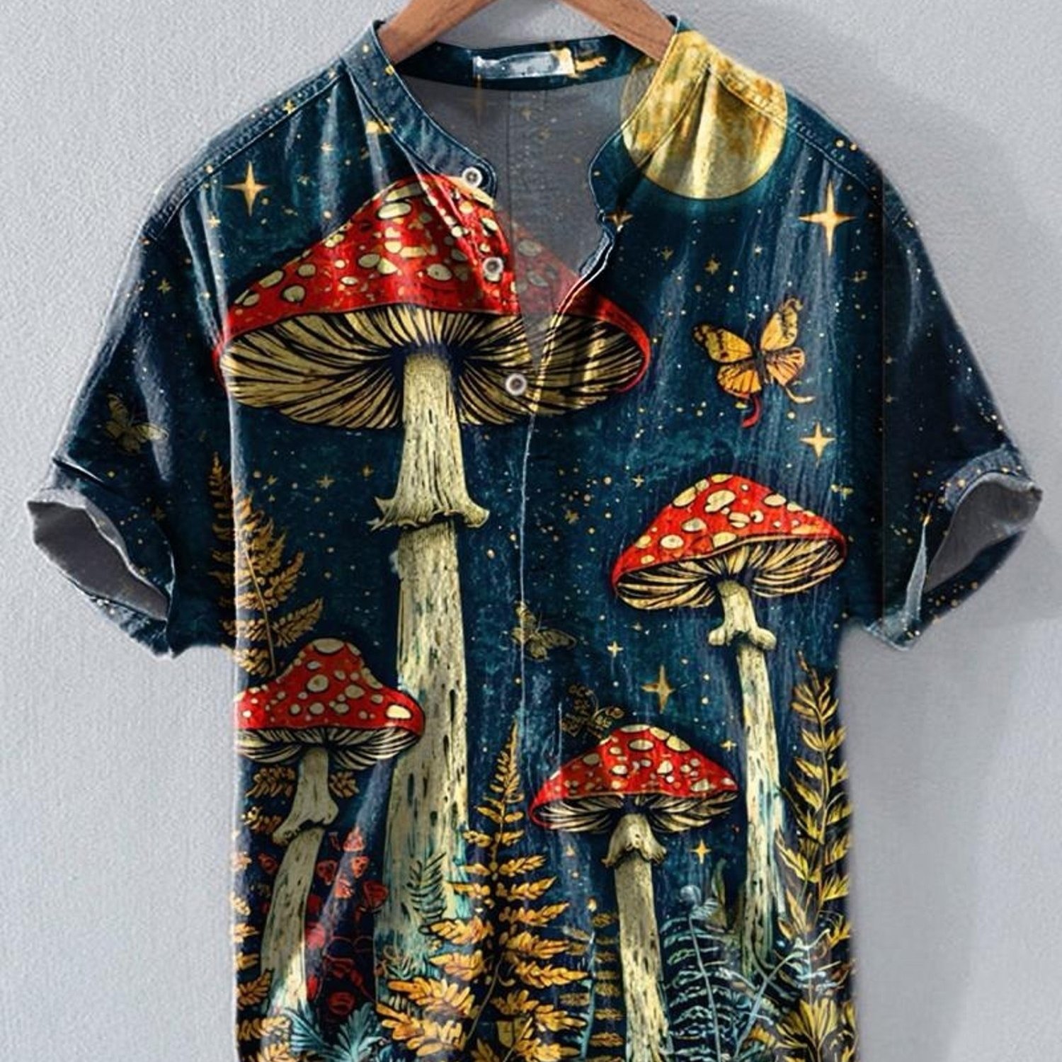 Image of Men's Fashion Shirt, Mixed Color, Multiple Specifications , Short-sleeved With Artistic Mushroom & Moon Print, , Rolled-up Cuffs, Stylish For Daily Wear, Comfortable Fabric