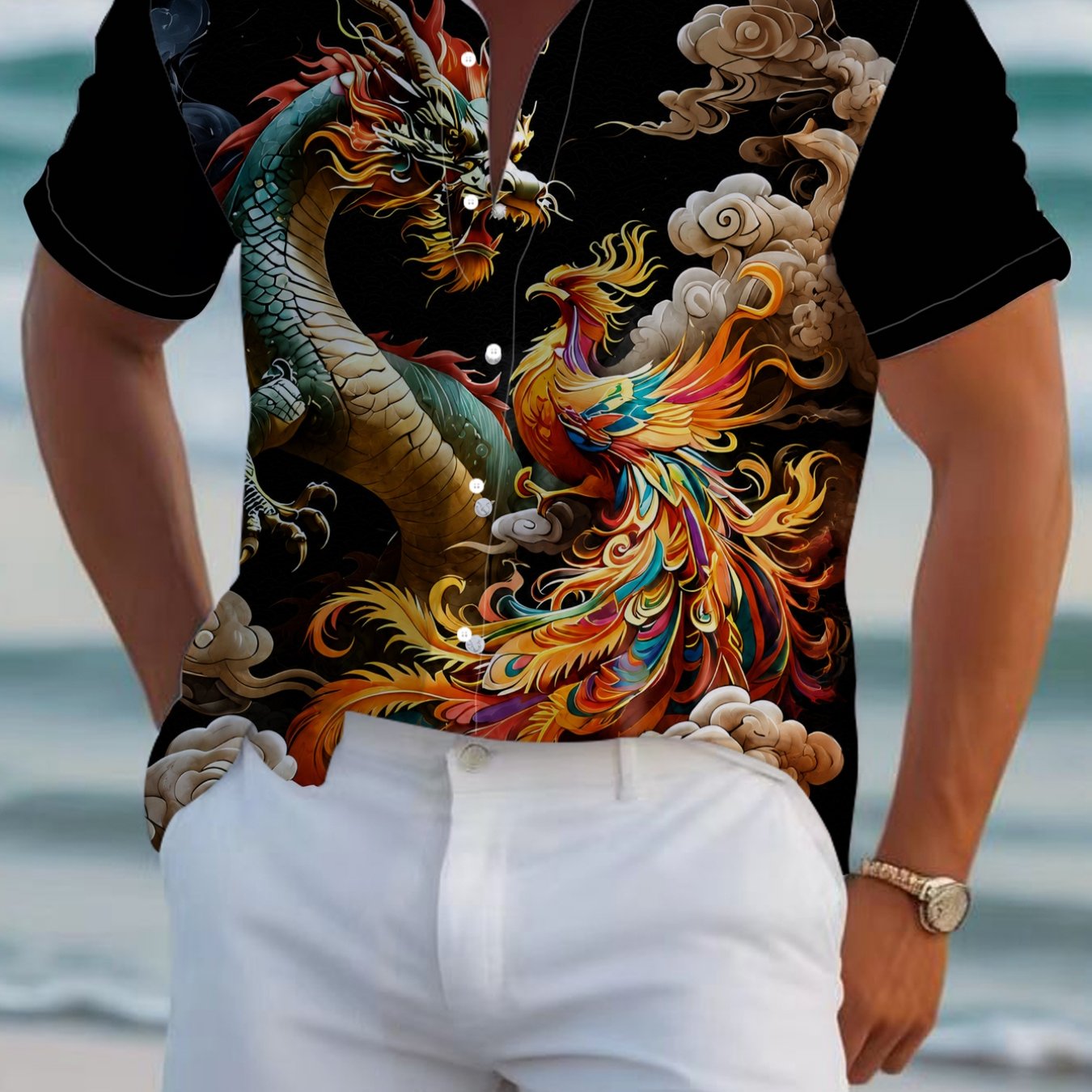 TEMU Men's Short Sleeve Shirt Chinese Style Dragon Phoenix Print Loose Casual Summer Fashion Trendy Beach Vacation Lightweight Top