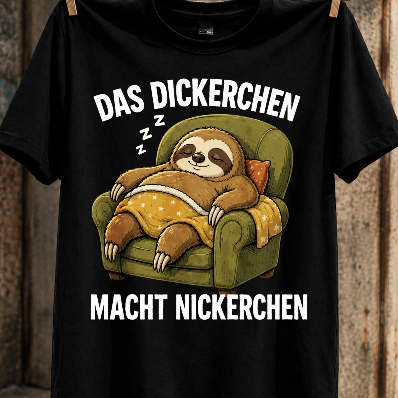 TEMU Der Kleine macht ein Nickerchen T-Shirt Faultier schläft in Sessel mit Decke gemütlicher deutscher Humor Grafik Unisex T-Shirt