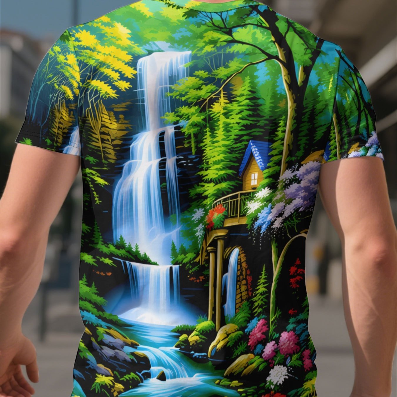 TEMU Men's Breathable Round Neck Short Sleeve T-shirt With 3d & Chinese Landscape Print - Casual Sporty Streetwear Suitable For Summer, Machine
