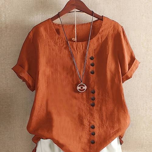 womens casual short sleeve button up shirt summer round neck solid color blouse with decorative buttons machine washable dry versatile for vacation casual attire short sleeve blouse decorative button detail smooth texture