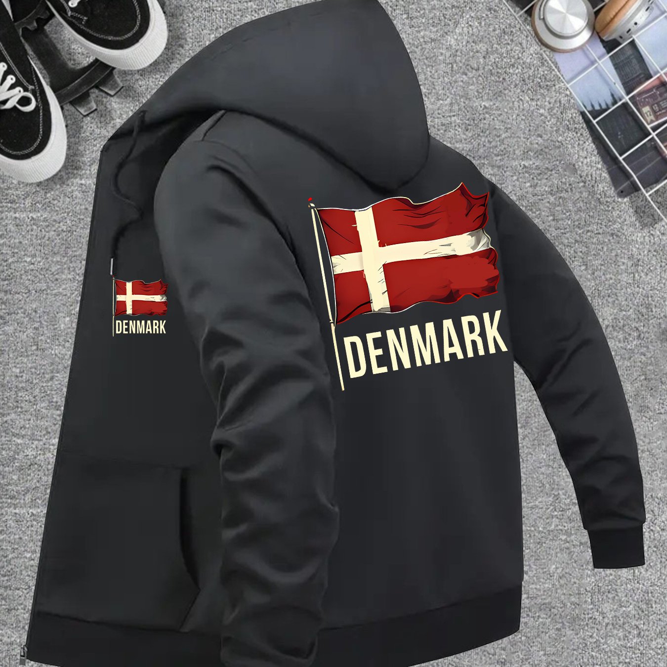 TEMU Men's Fashion Denmark National Emblem Heat Transfer Craft Windproof Hooded Jacket, Top Lightweight Clothing, Zipper Fashion Sports All-match