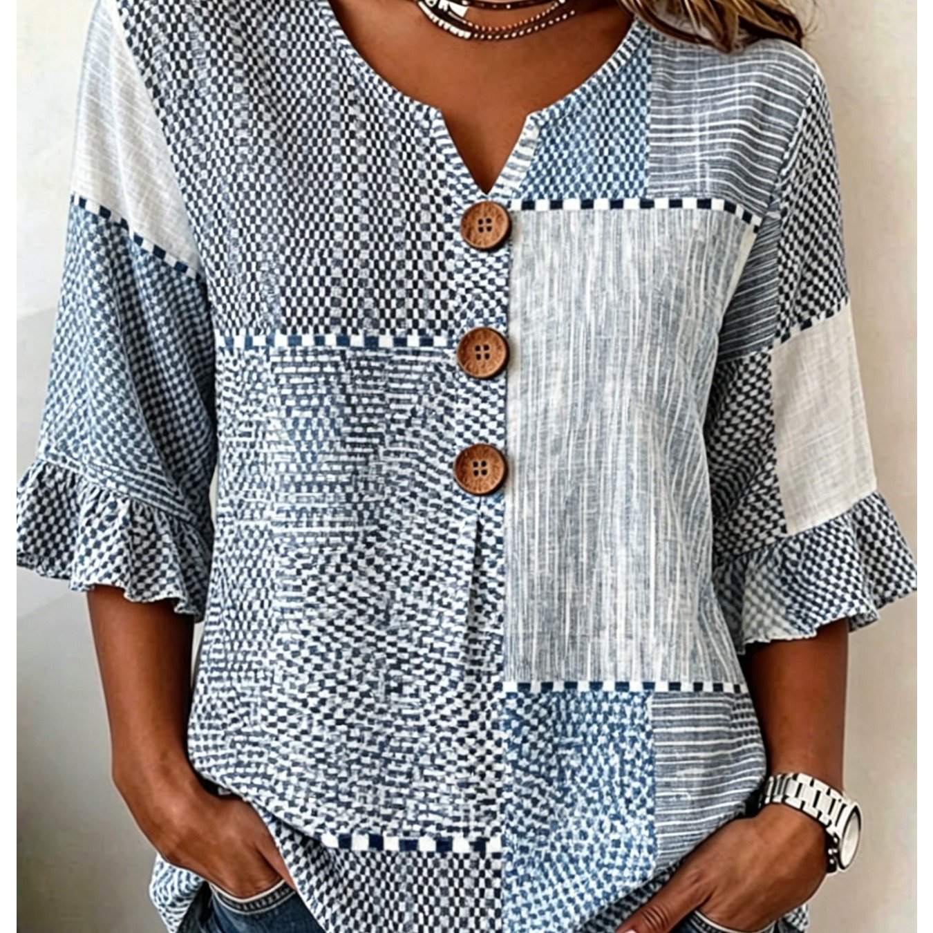 TEMU Full Print Short Sleeve Ruffle Sleeve V Neck Button Up Top With Geometric Pattern For Casual And Sporty Outfits