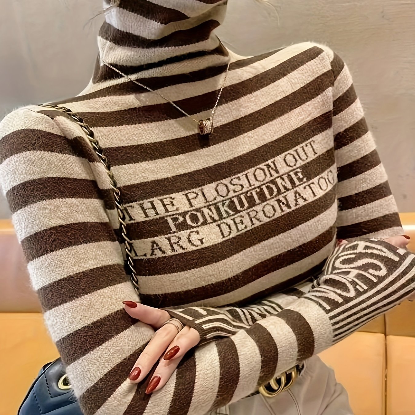 TEMU Pull col roulé rayé pour femme - Haut à rayures verticales, col , blouse chaude pour , lavable en machine (Automne/Hiver) - Idéal pour bureau,