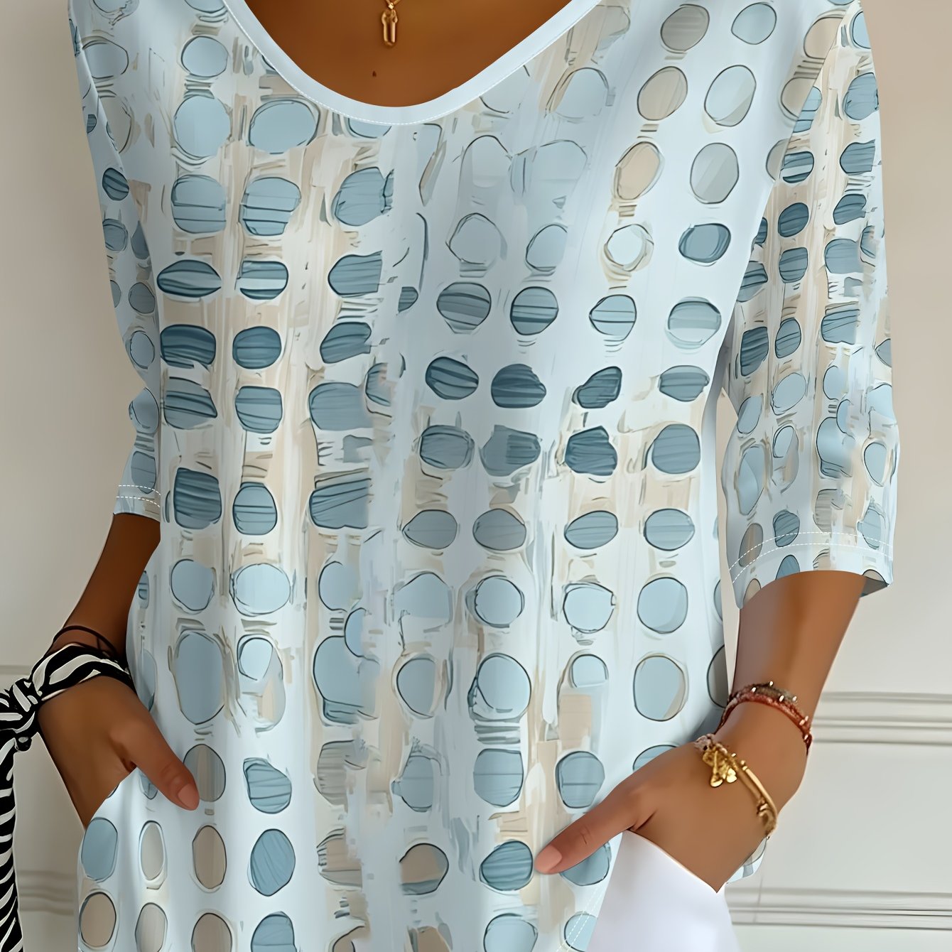 TEMU Women's Light Brown, Blue, And Gray Watercolor Polka Dot Print V-neck Three-quarter Sleeve T-shirt, Spring And Autumn Casual Top