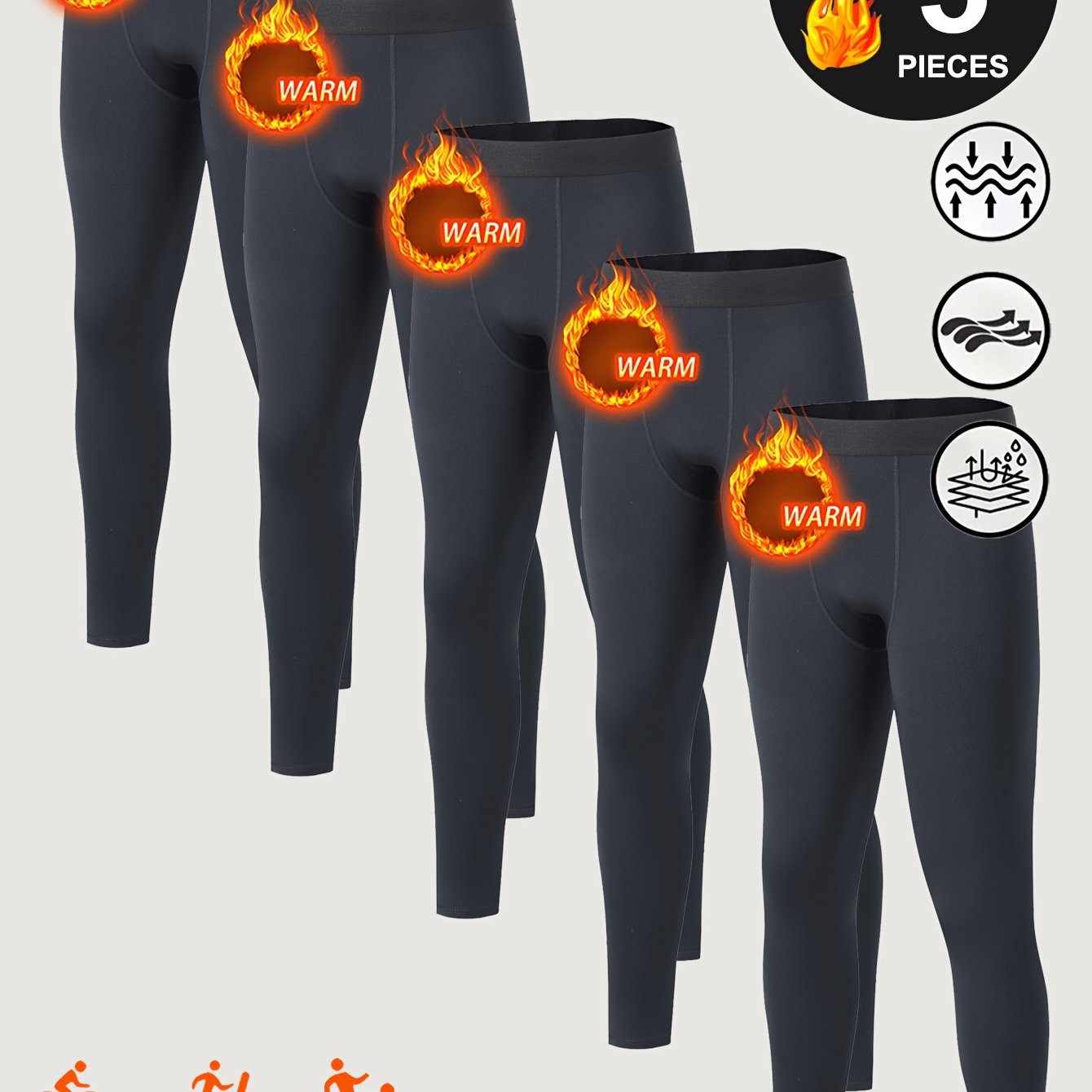 Image of 5pcs Men's Fleece Lined Warm Sports Long Johns, Stretch Cold Compression Pants Set