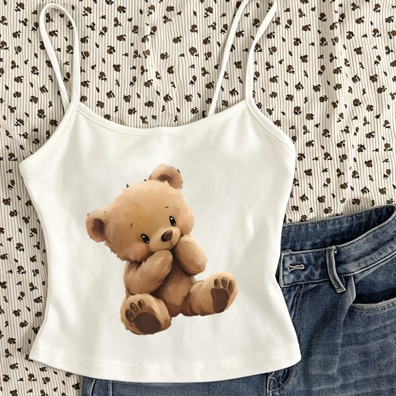 TEMU 1pc Women's Mini Camisole Inner Short Tight Waist-exposing Cute Bear Print Top, Sweet Atmosphere, Casual Styling With Jeans, And Soft Item