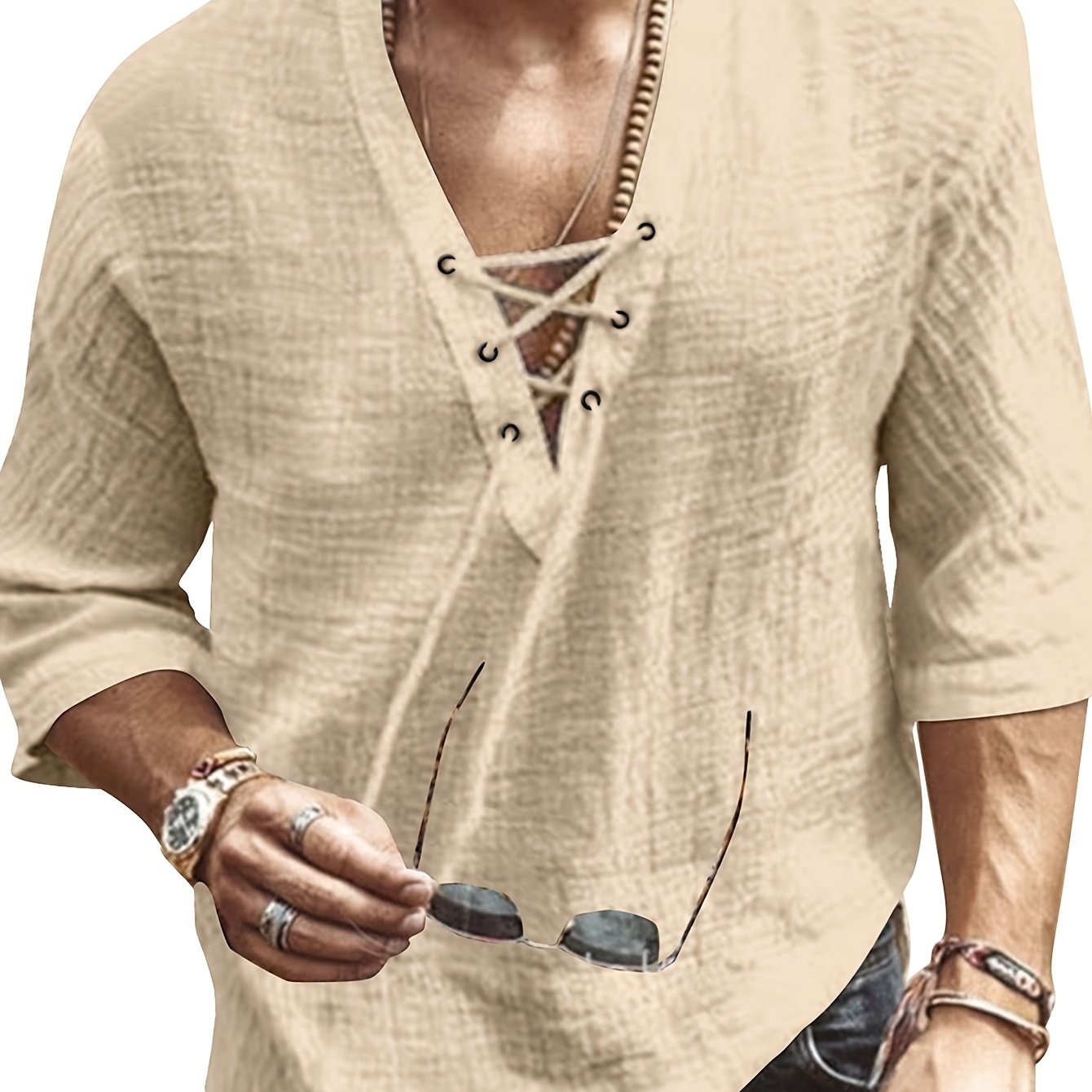 TEMU Chemise Henley EXARUS pour Homme - Haut d'Été Respirant à Col en V avec Nouage et Manches -, Chemise Décontractée, , Respirante, Évacuant